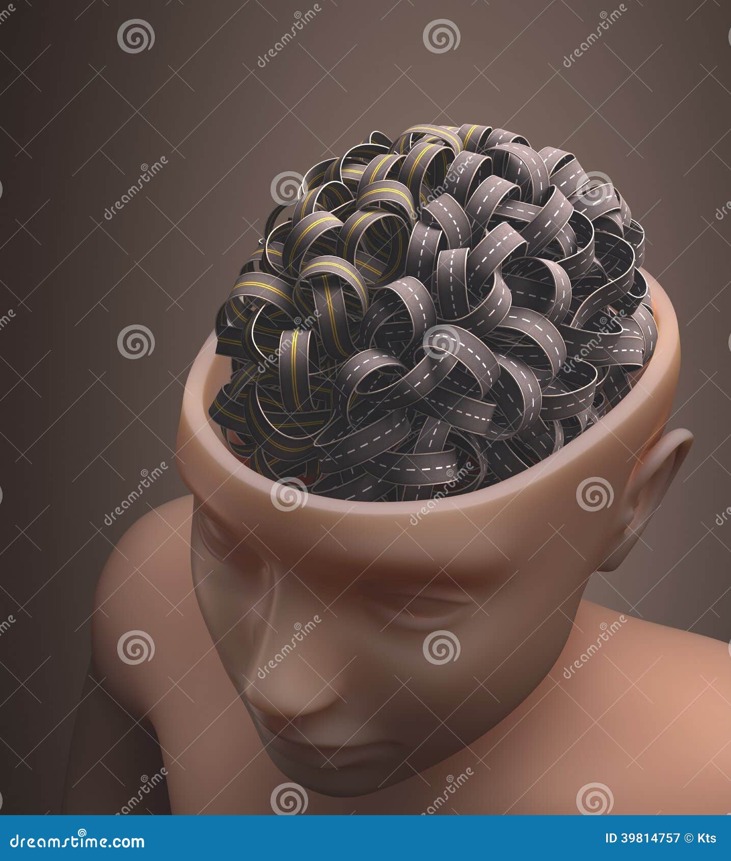 Highway Brain. Several highways intertwined forming a human brain. Concept of confused mind. Concept of the complexity of the human brain. Clipping path included.