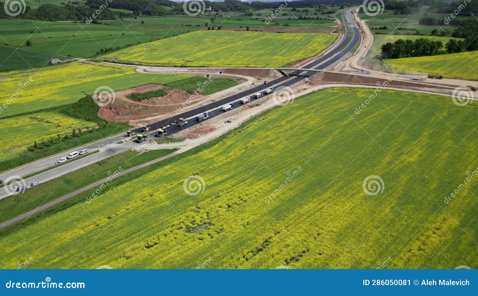 Highway Construction, Road Rollers Working on the New Road Construction