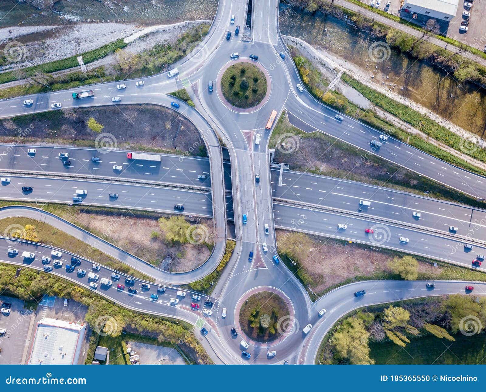 Highway Interchange Junction with Traffic Aerial Top Down View ...