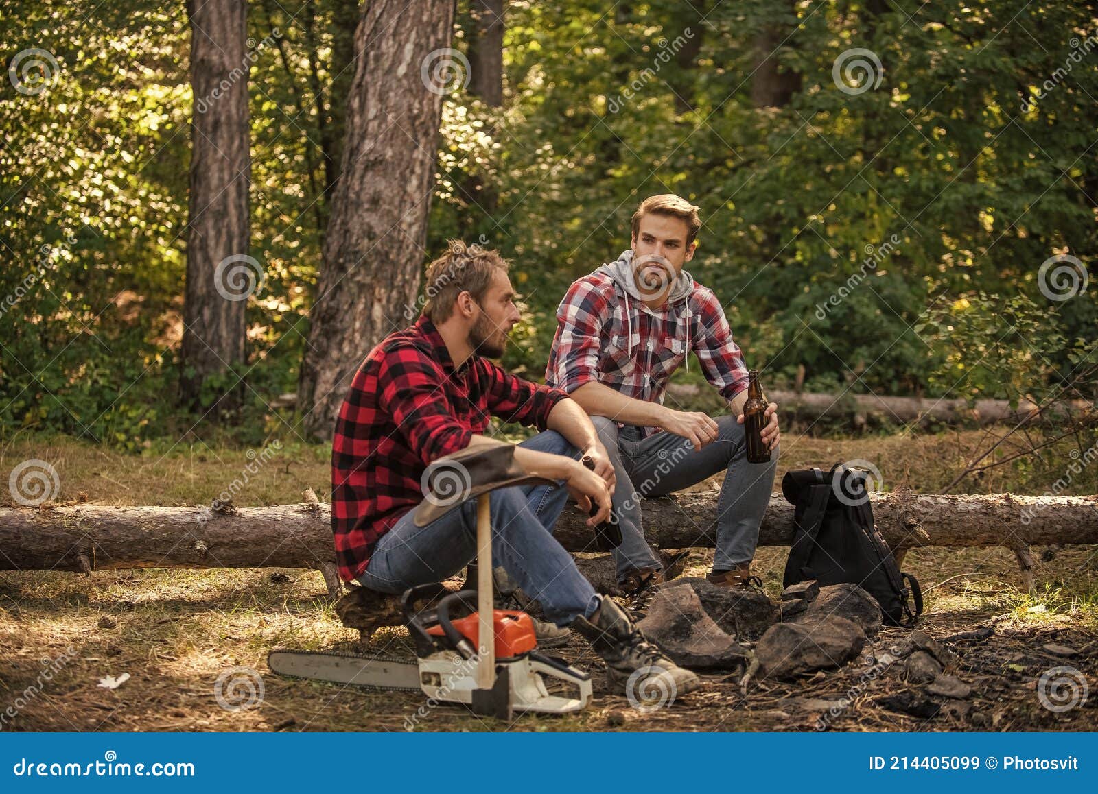 Hike And People Two Men Relax In Forest Hiking And Camping Male