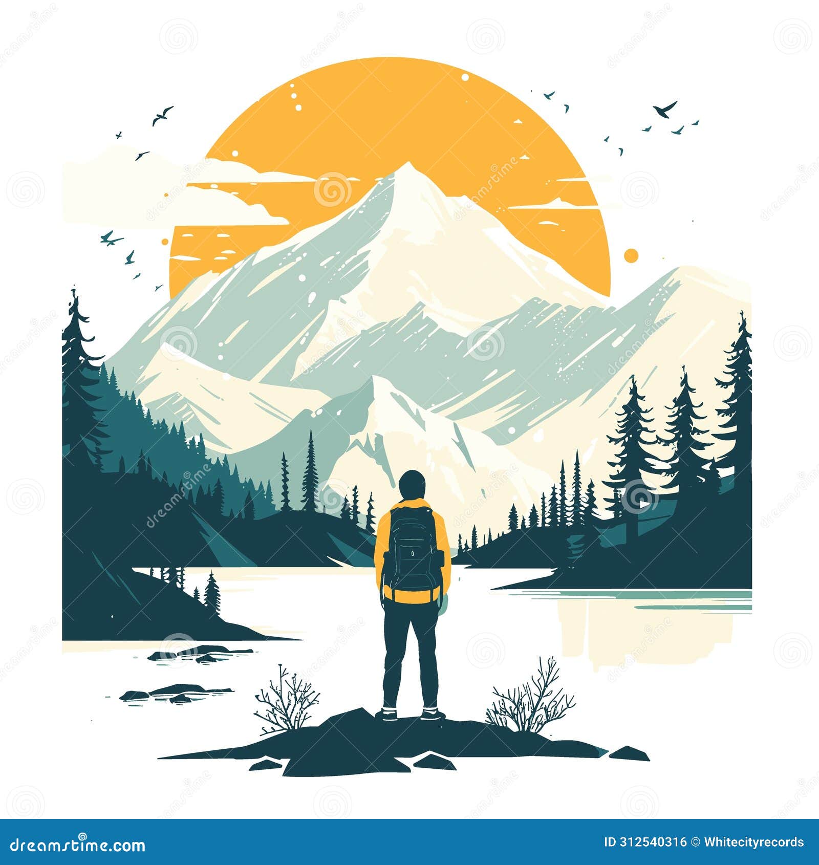 Hiker with Backpack Standing on a Rock and Looking at the Mountains