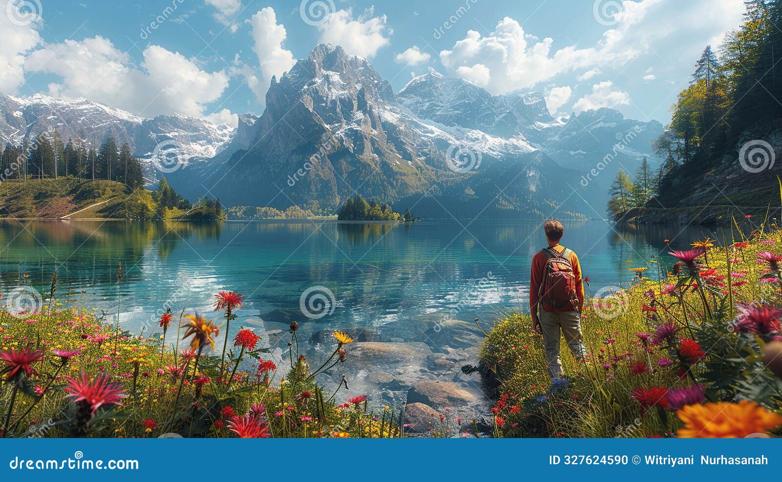 a hiker enjoys the scenic view of a lake surrounded by snow-capped mountains in switzerland