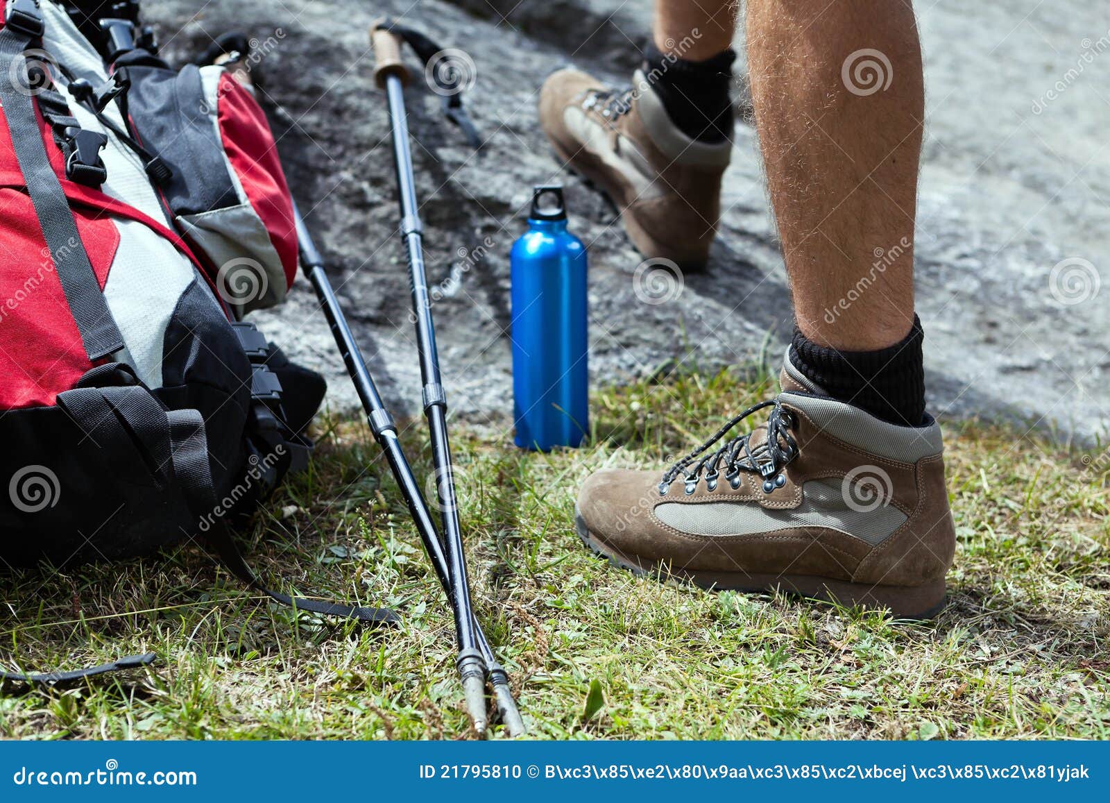 Hiker and hiking equipment stock photo. Image of boot 21795810