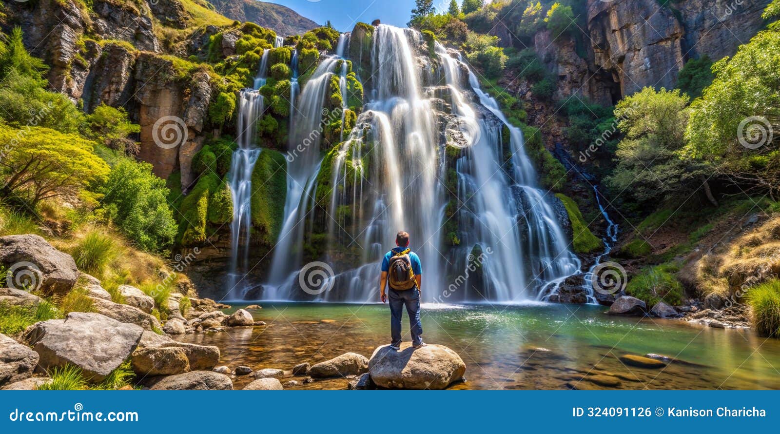 hiker by lavaderos de la reina waterfall in sierra nevada generative ai