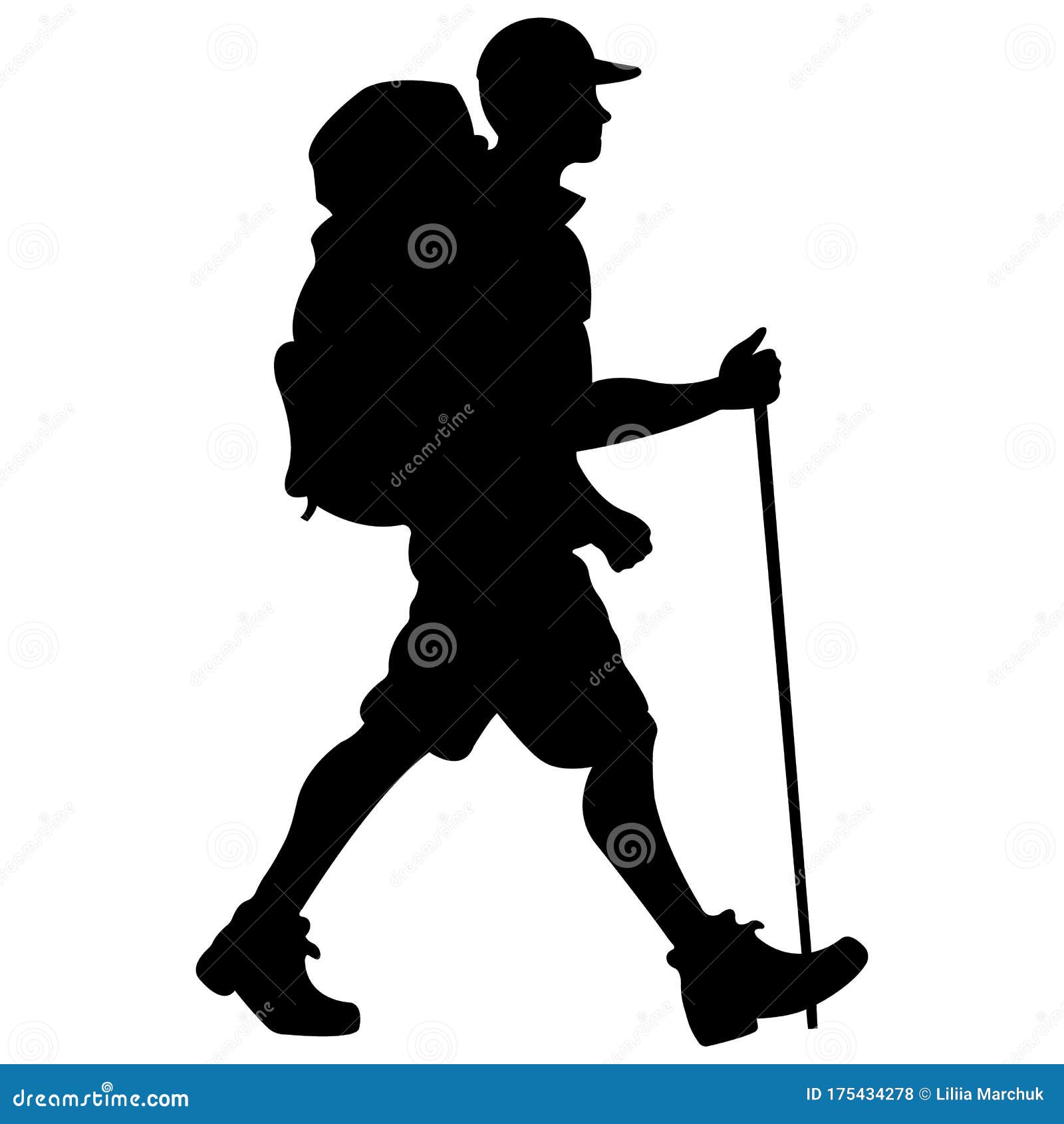 hiker man with a backpack in a cap, black silhouette on a white background. traveling in nature for a walk in the fresh air