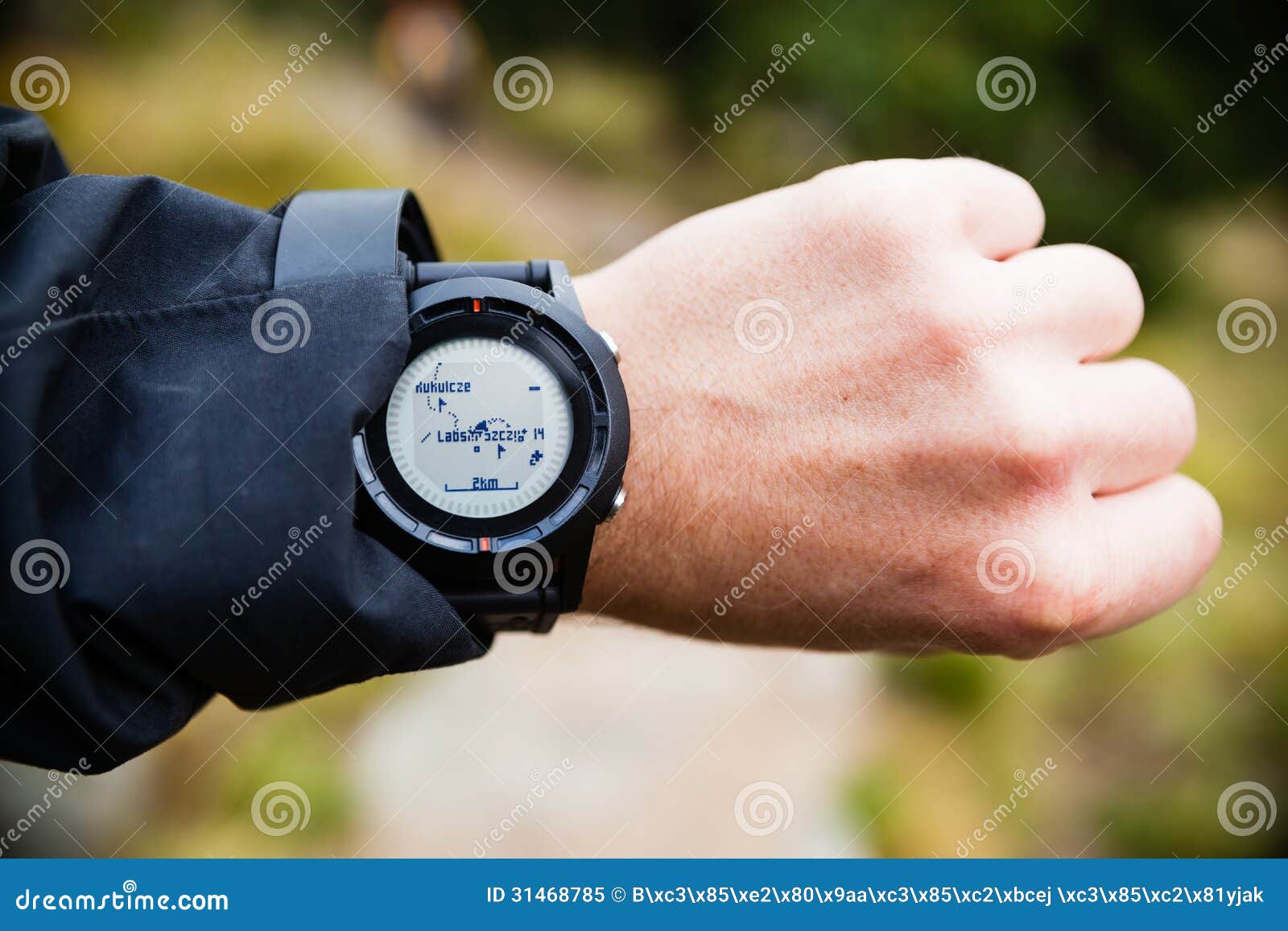 Hiker on Mountain Trail Checking Gps Map Stock Image Image of