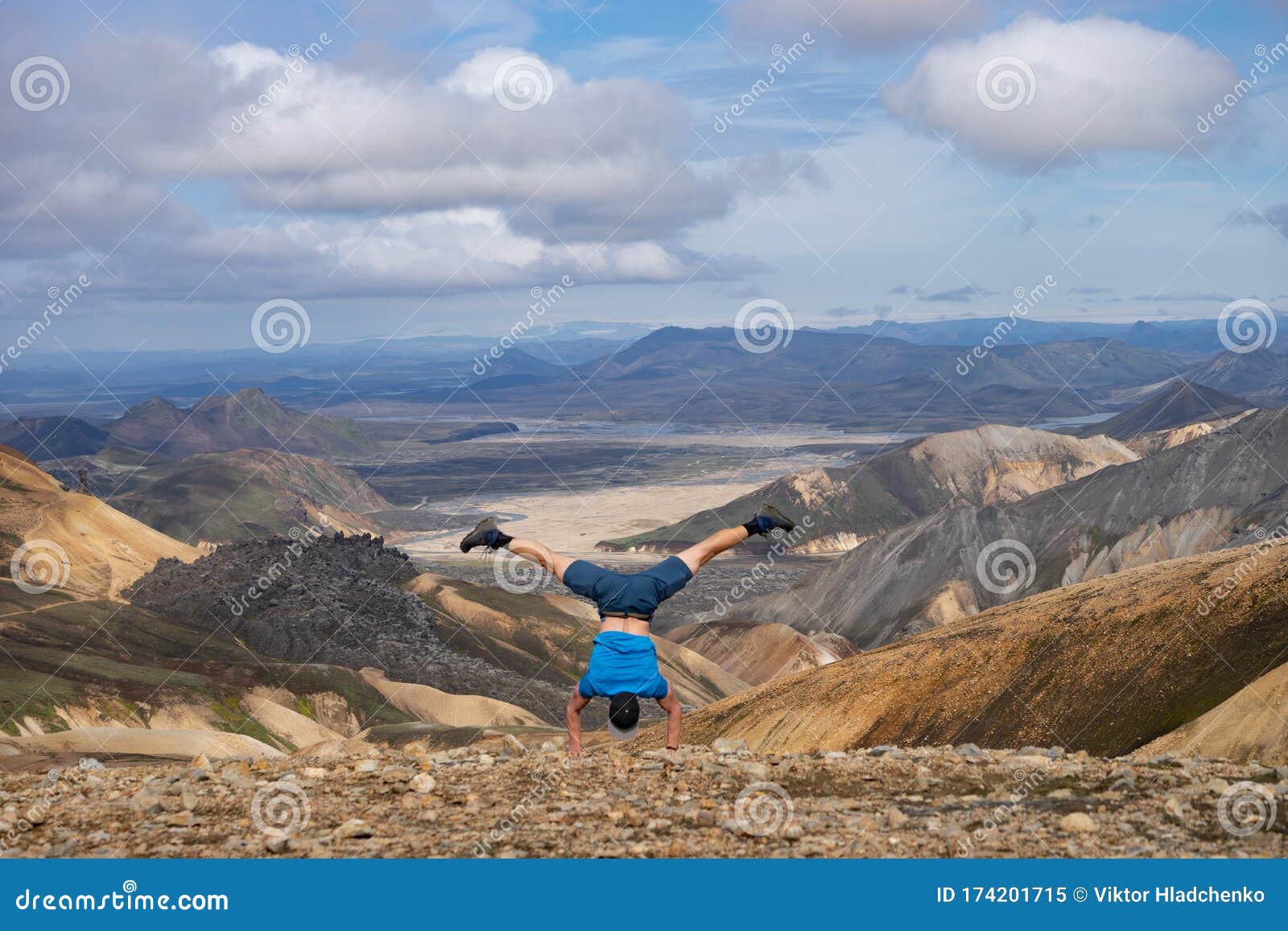 Hiker Standing On His Hand In The Landmannalaugar Valley Iceland Colorful Mountains On The Laugavegur Hiking Trail Stock Image Image Of Backpack Green