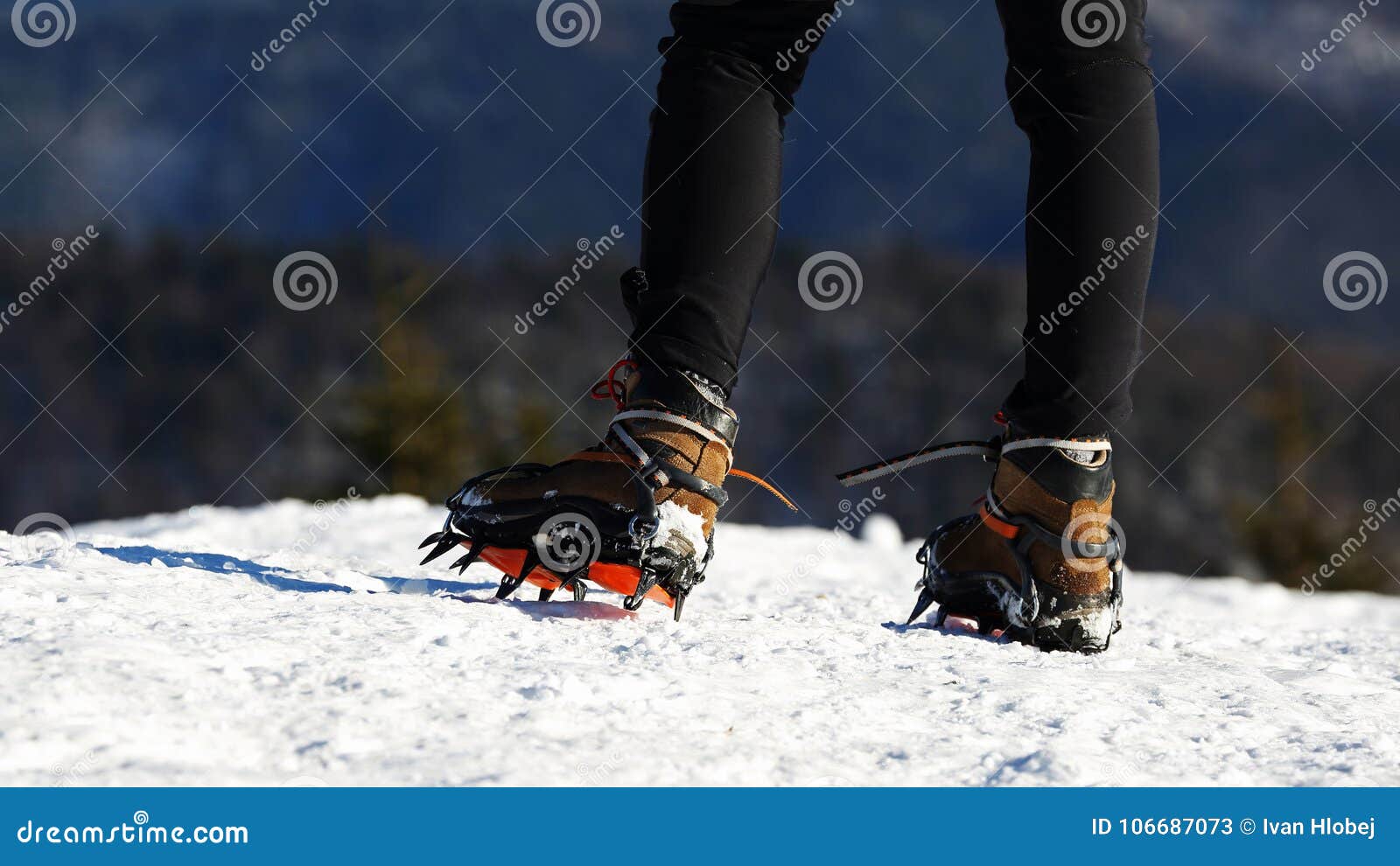 Hiker on the Trek Equipped with Crampons Stock Image Image of