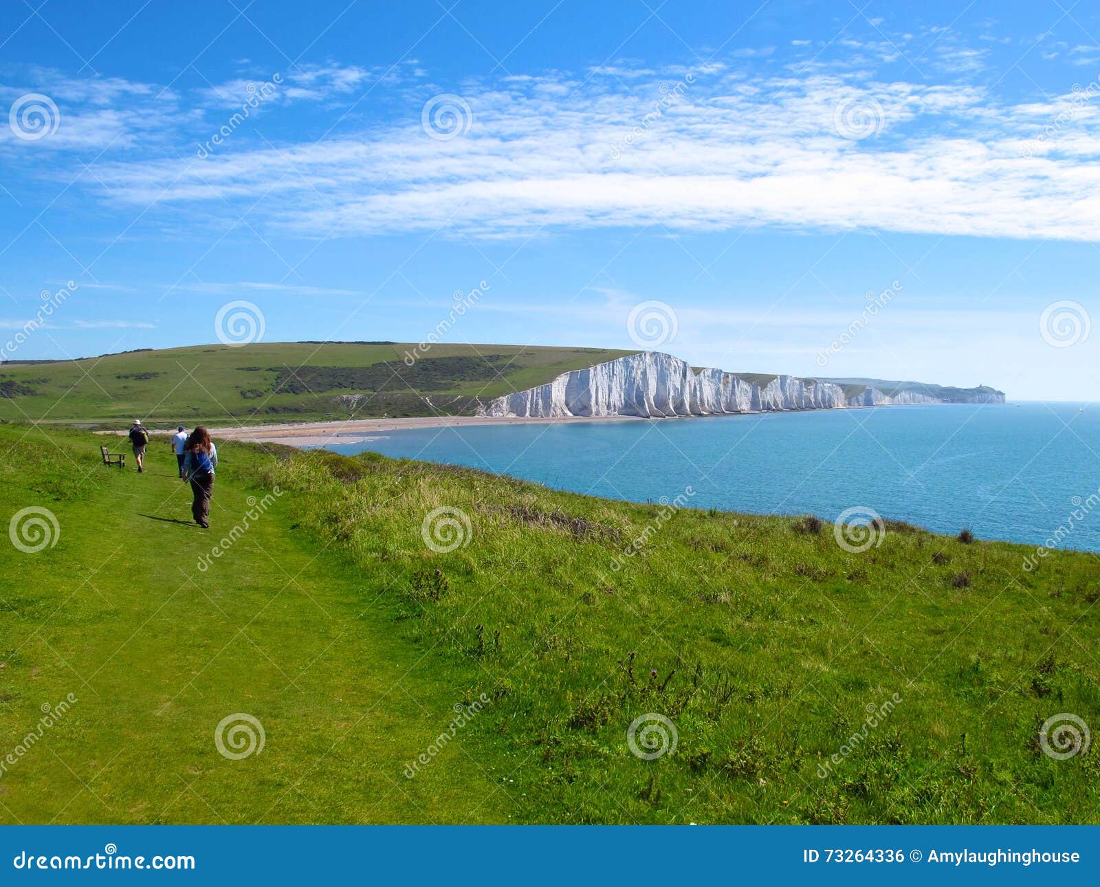 Hikers Approach White Cliffs of Seven Sisters, East Sussex, England ...