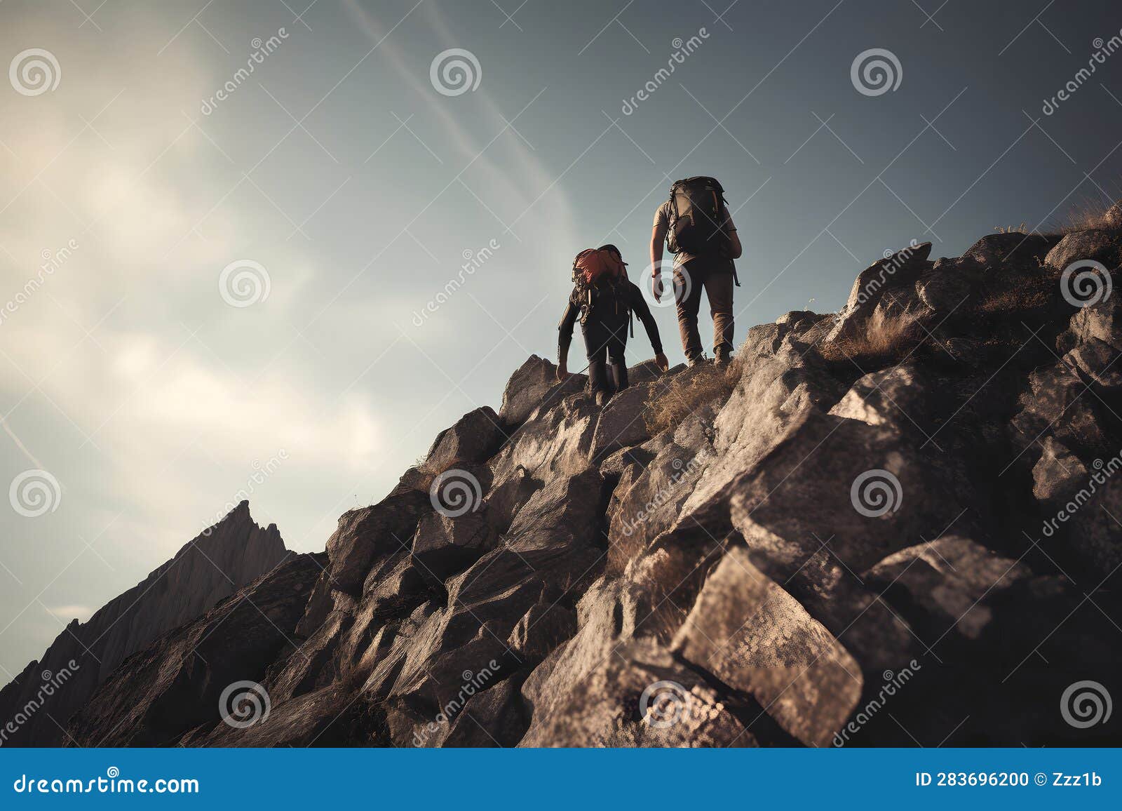 Hikers Climbing on Mountain. Help, Risk and Support Concept. Neural