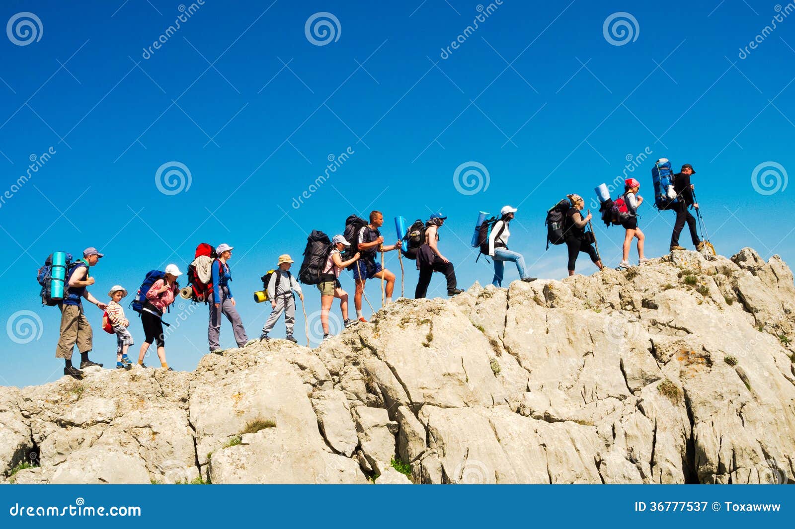 hikers group trekking in crimea