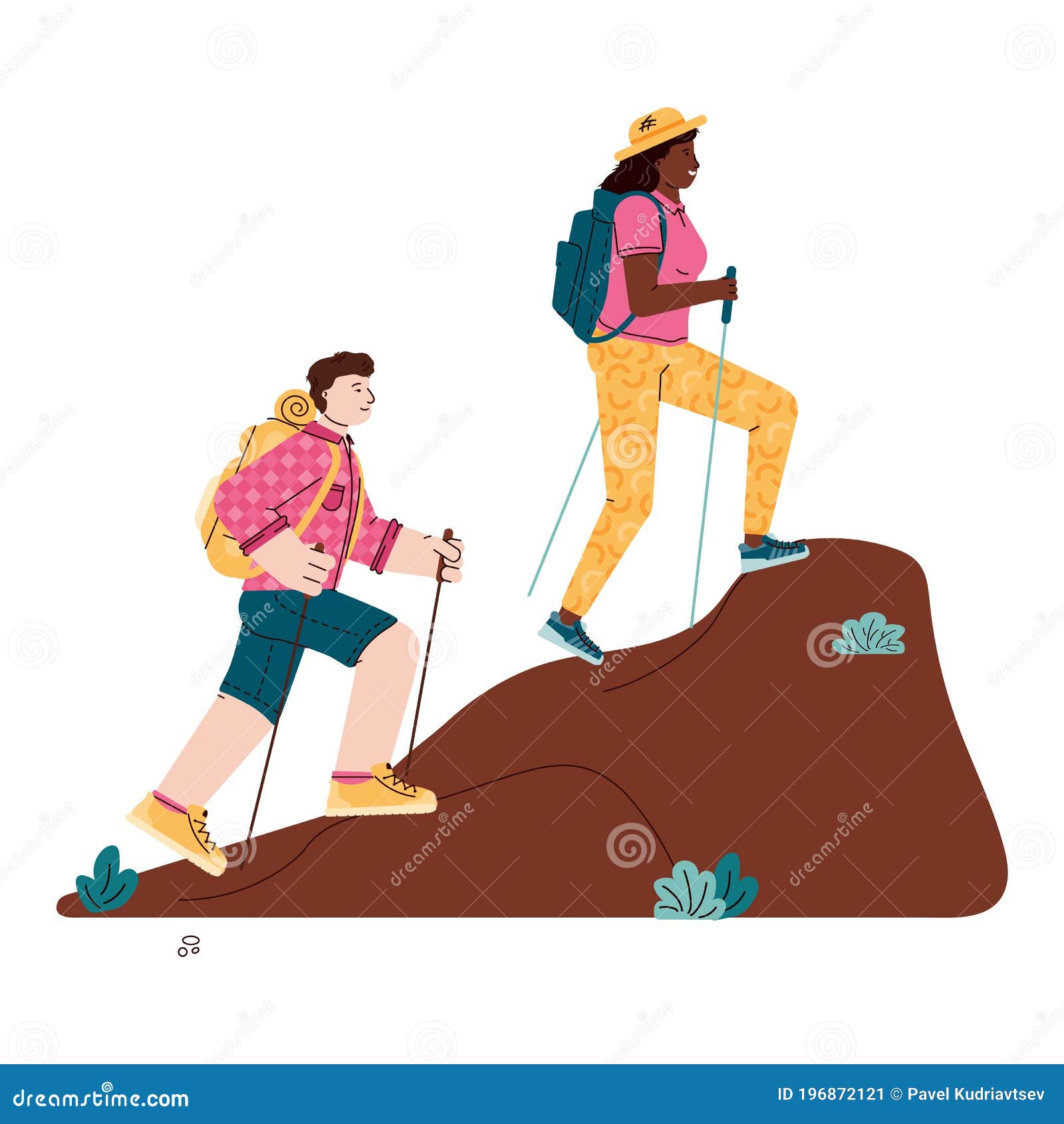Hikers Man and Woman Climb the Hill, Cartoon Vector Illustration Isolated.  Stock Vector - Illustration of couple, journey: 196872121