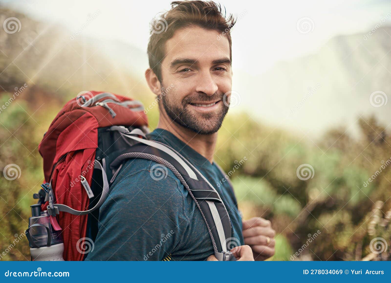 Hiking, Adventure and Portrait of Man on Mountain for Fitness, Relax ...