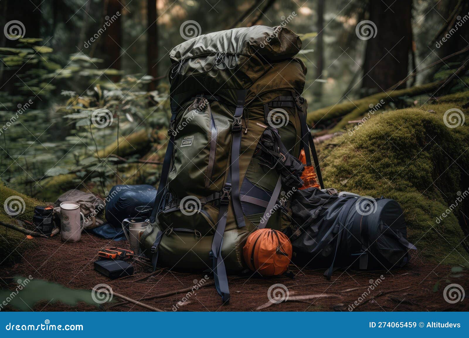 Hiking Backpack with Tent, Sleeping Bag, and Other Gear Attached Stock