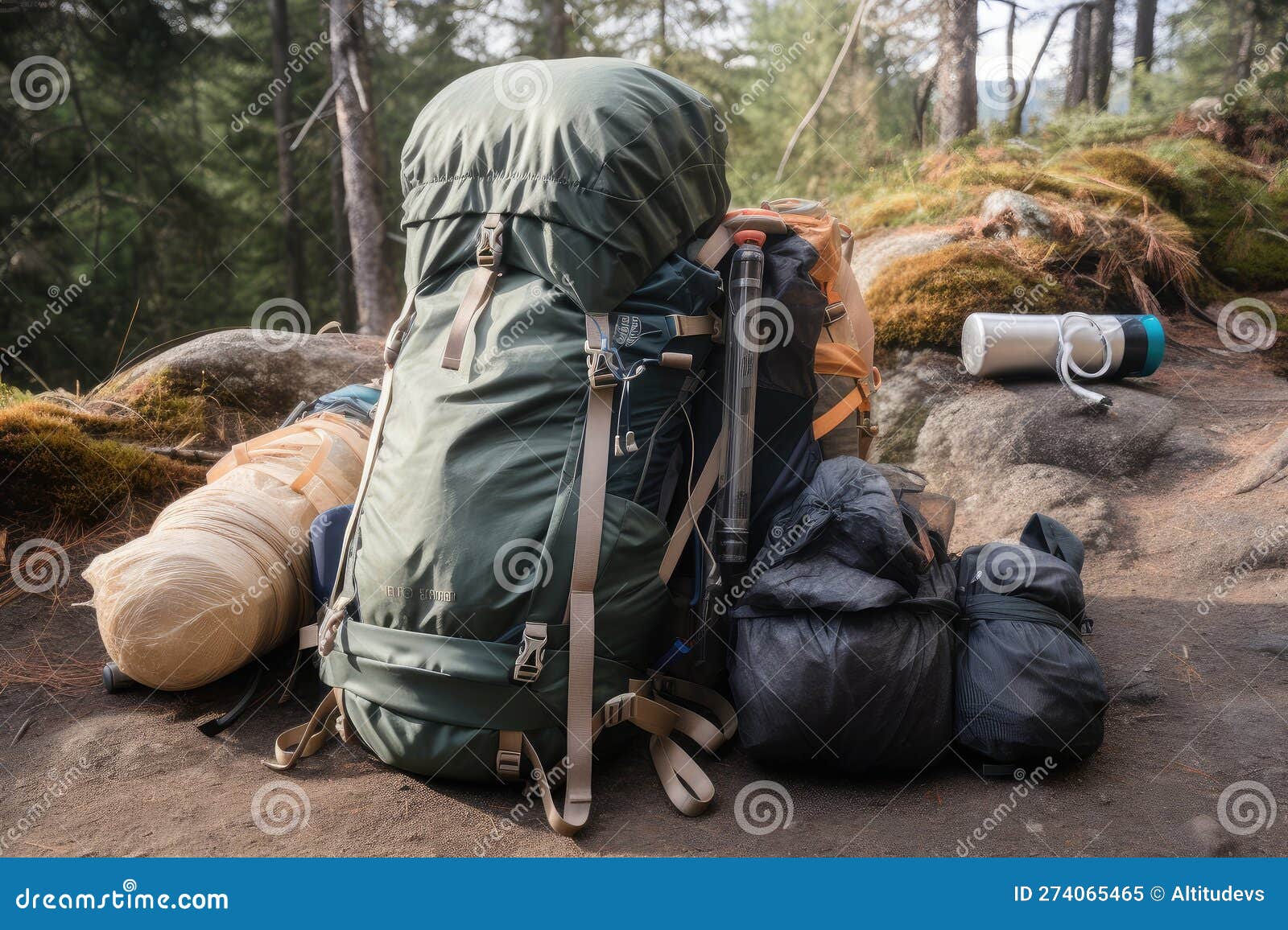 Hiking Backpack with Tent, Sleeping Bag, and Other Gear Attached Stock