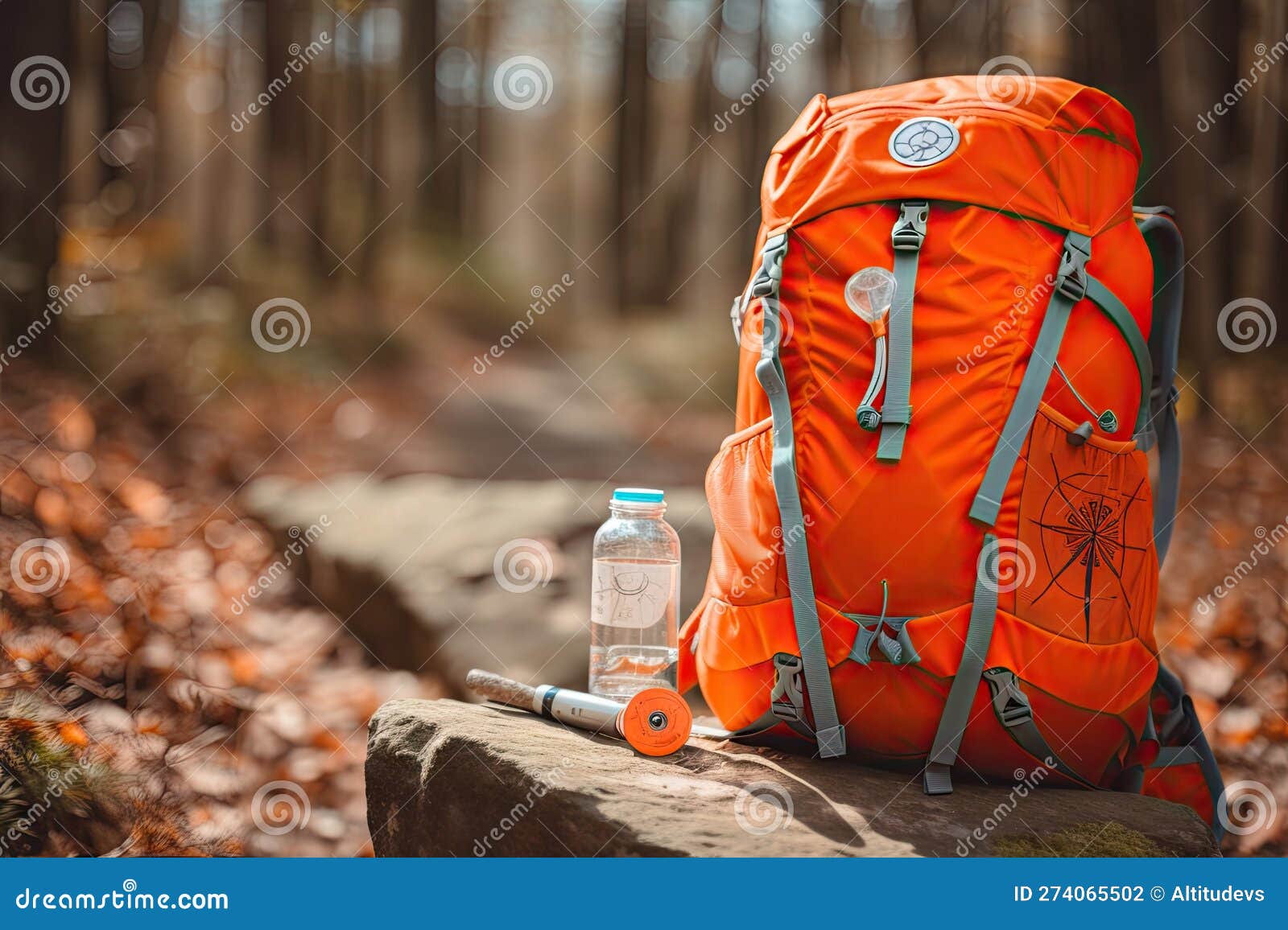 Hiking Backpack with Water Bottle and Compass Attached, Ready for