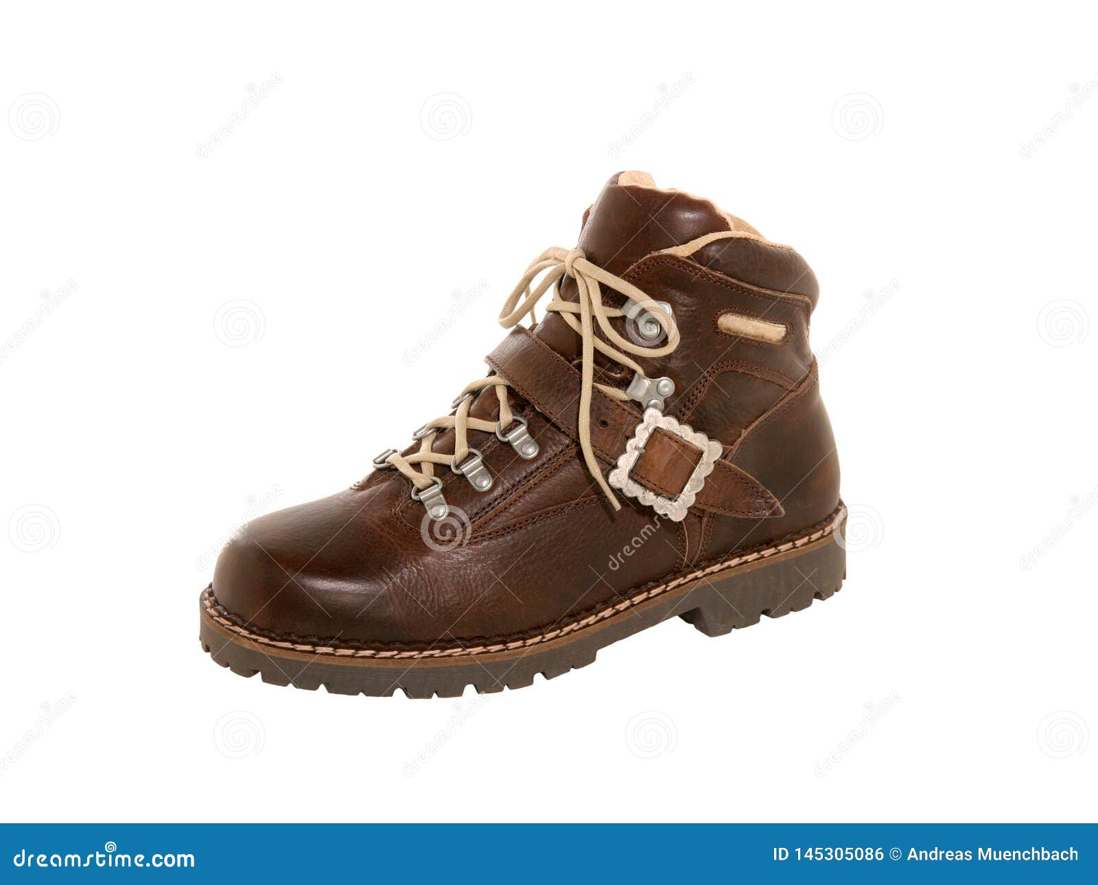Hiking Boot Brown Leather Traditional Style Isolated on White Stock