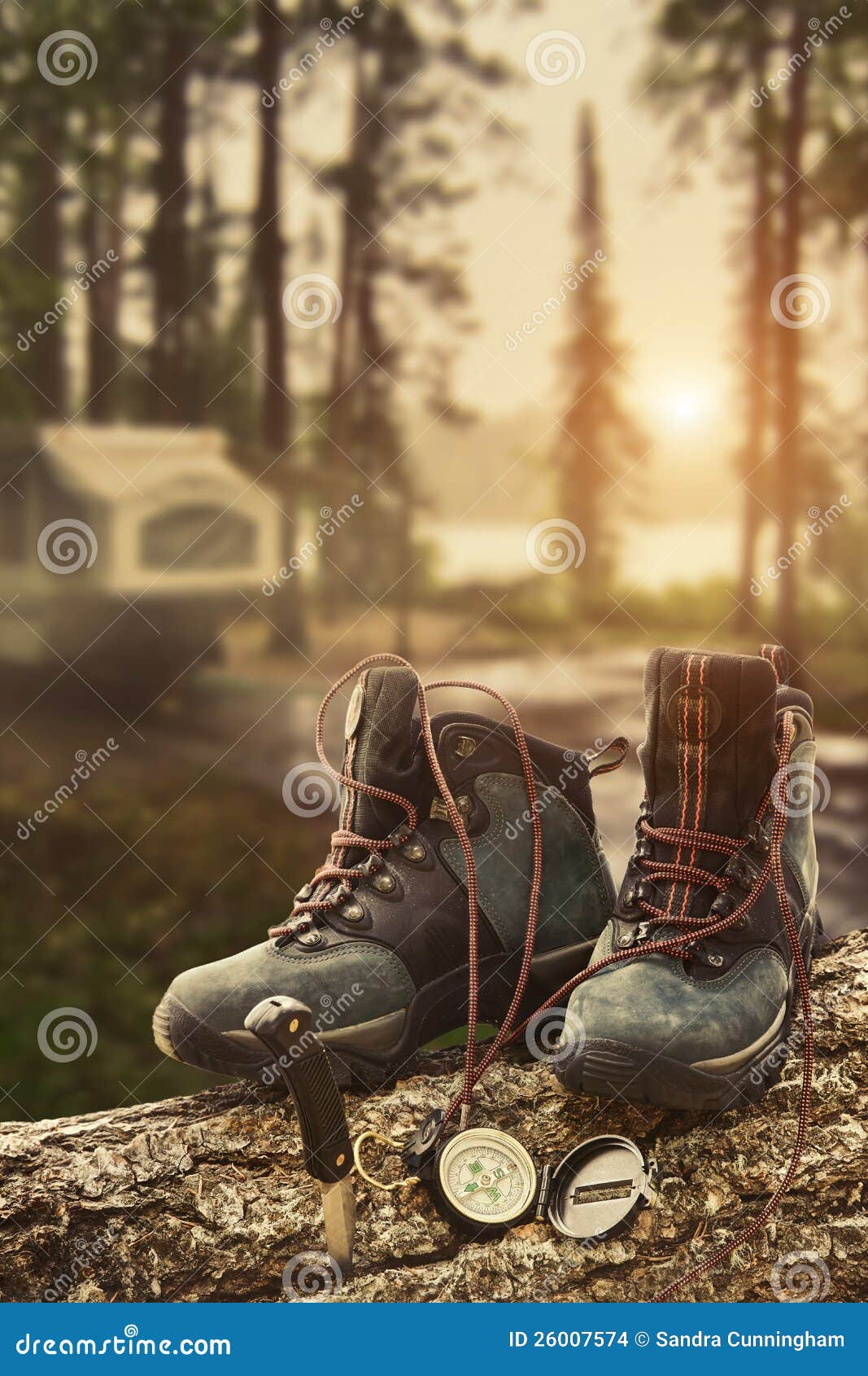 Hiking Boots with Compass at Campsite Stock Photo Image of equipment, close 26007574