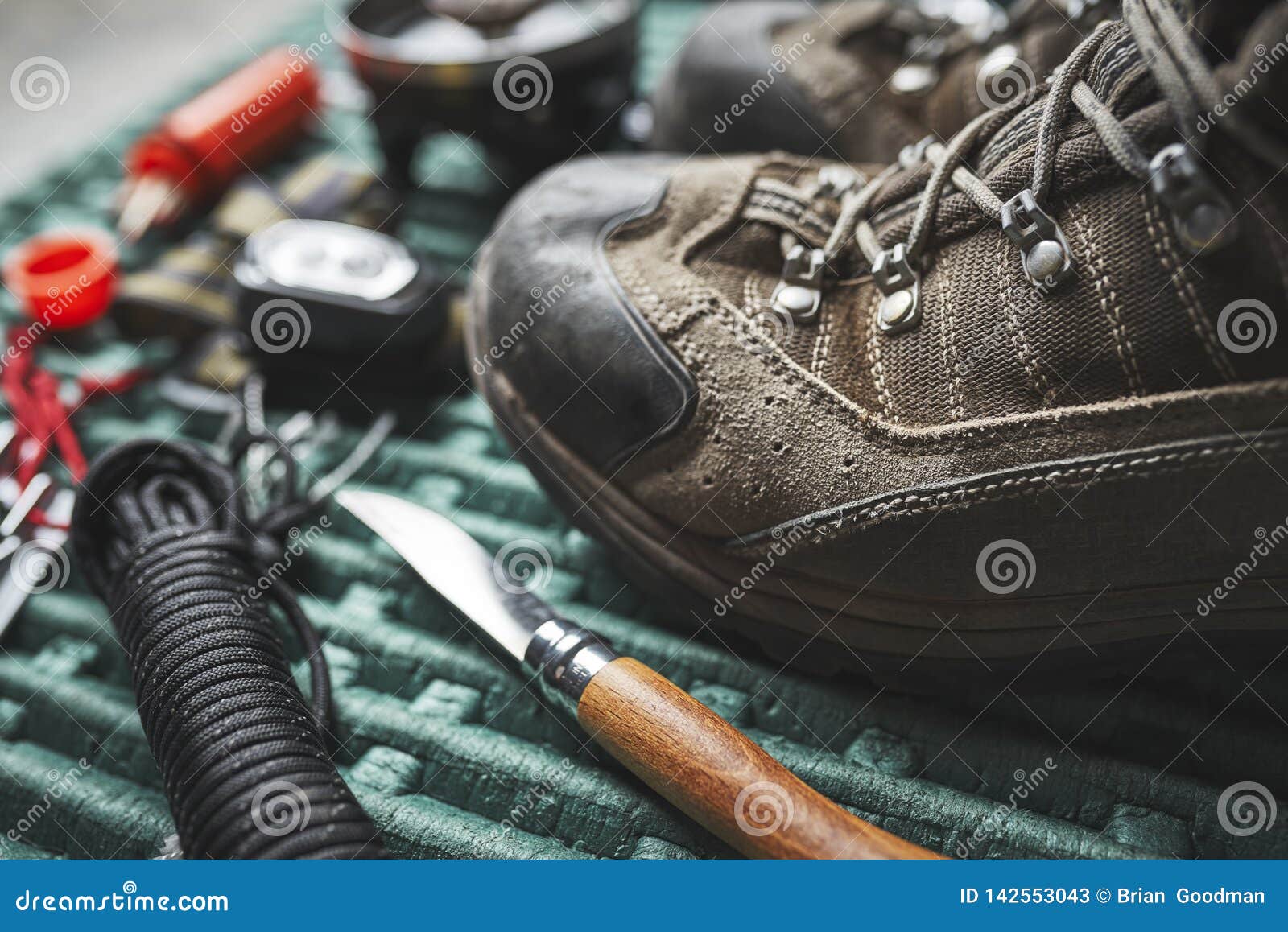 Hiking Boots and Other Gear Stock Image - Image of knife, camping ...