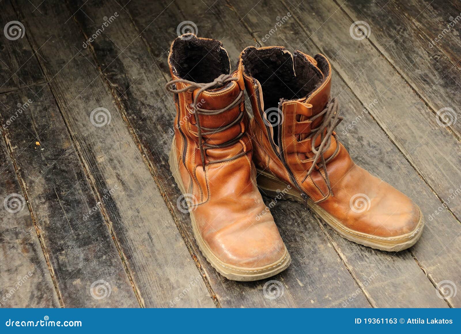 Hiking Boots on Wooden Floor Stock Image - Image of leather, trekking ...