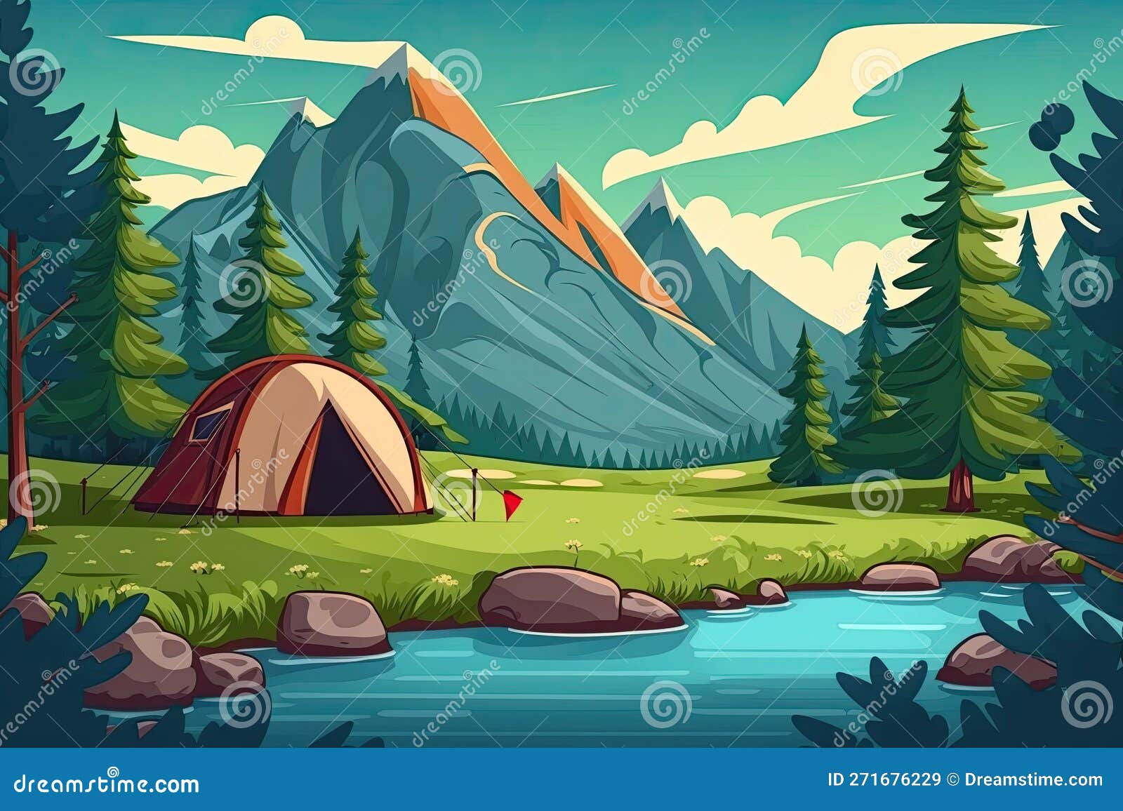 Hiking and Camping in the Mountains during the Summer Stock