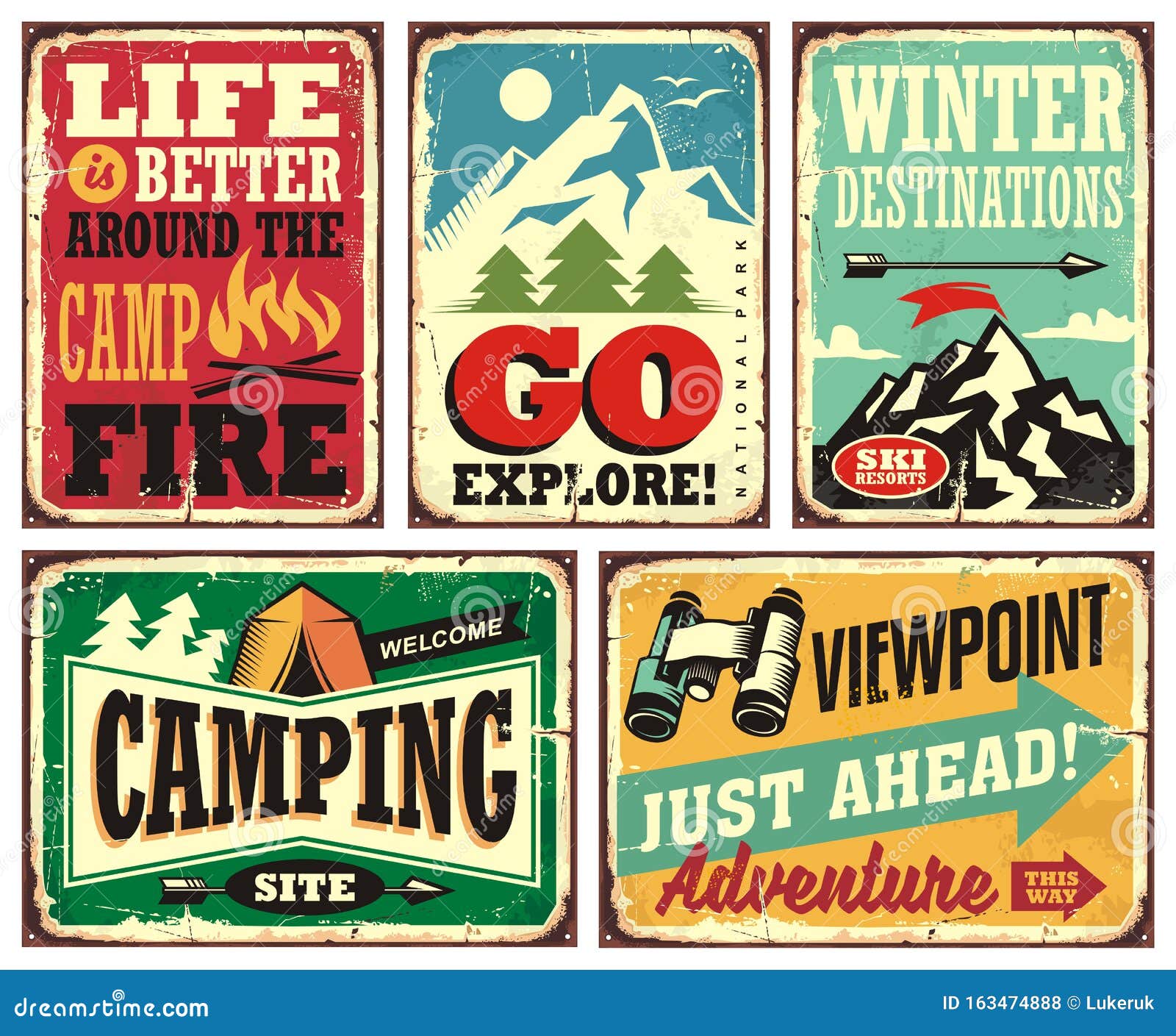 hiking and camping retro signs collection