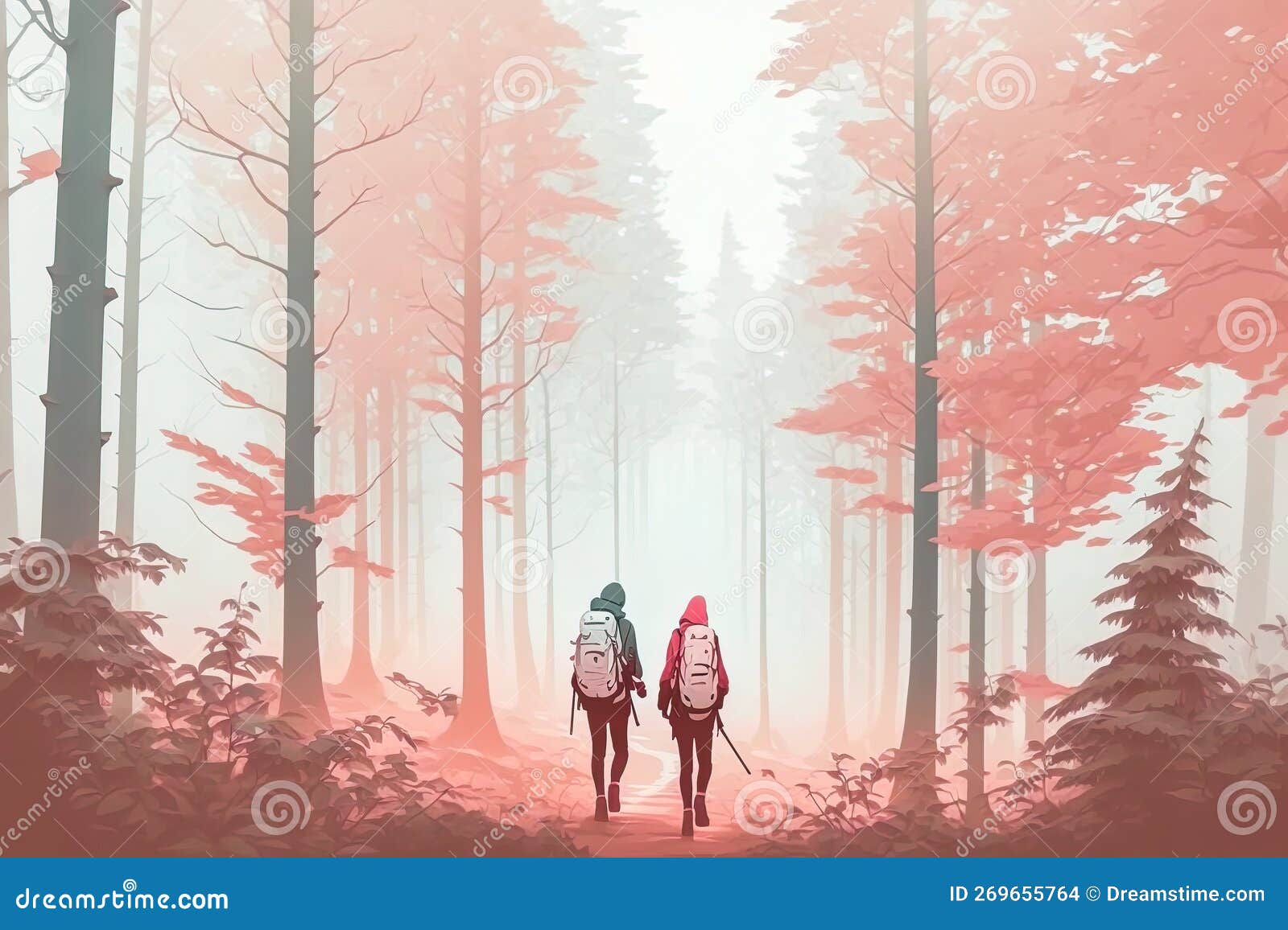 hiking couple trekking in the misty forest trail in spring, digital  generative ai