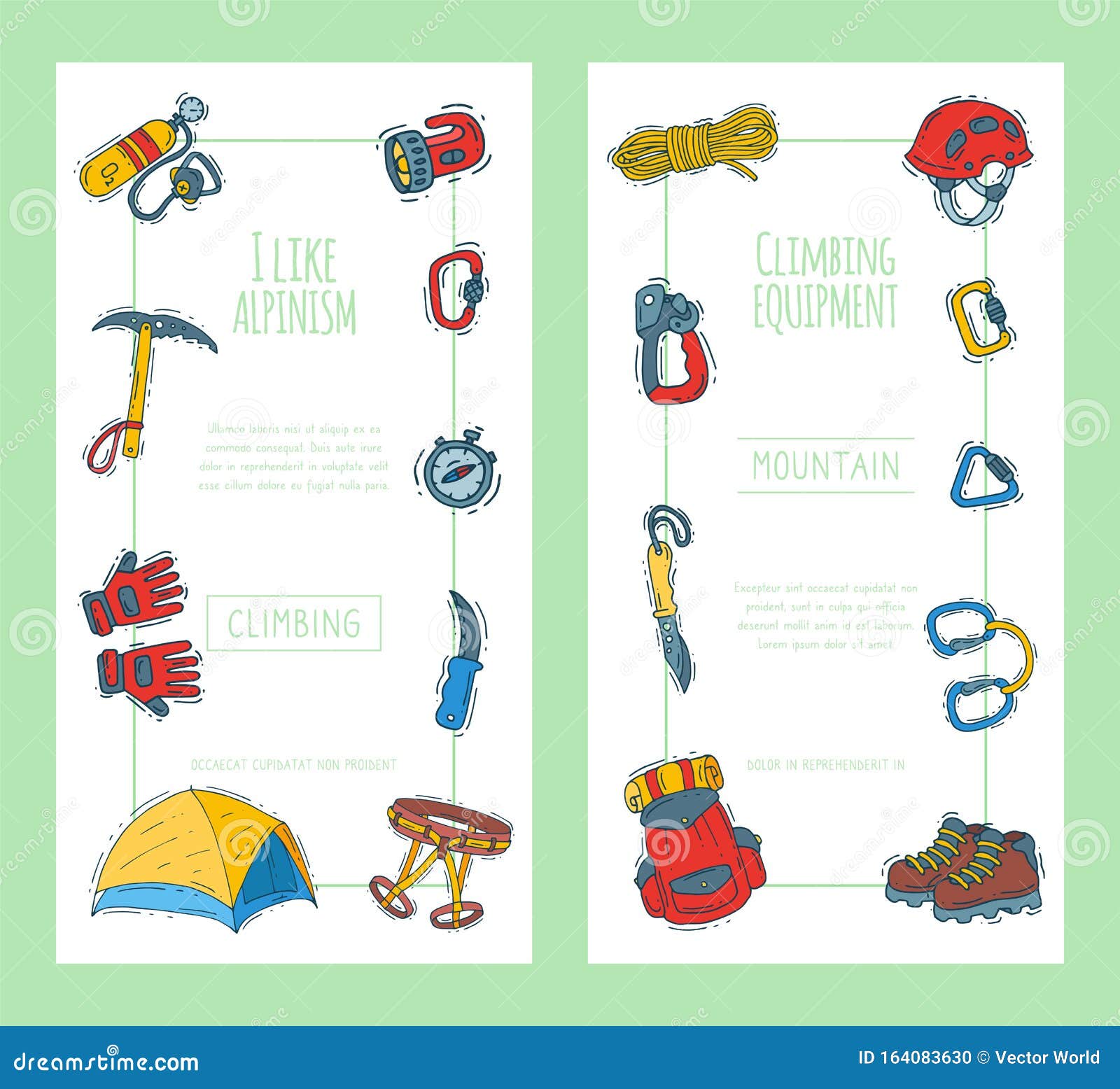 hiking equipment  . mountain climbing, alpinism and mountaineering cartoon icons templates for flyers