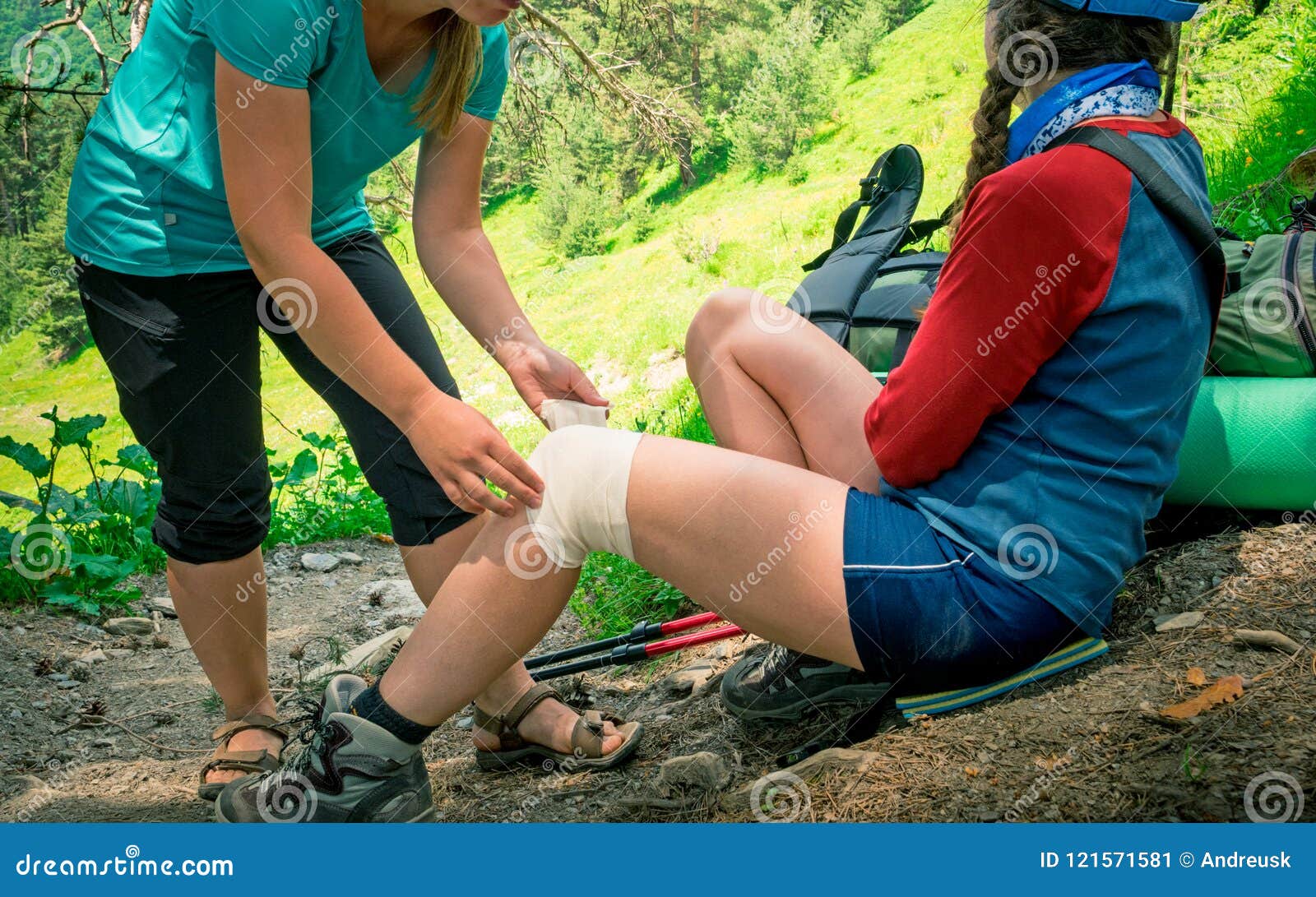 Hiking first aid stock image. Image of accident, people - 121571581