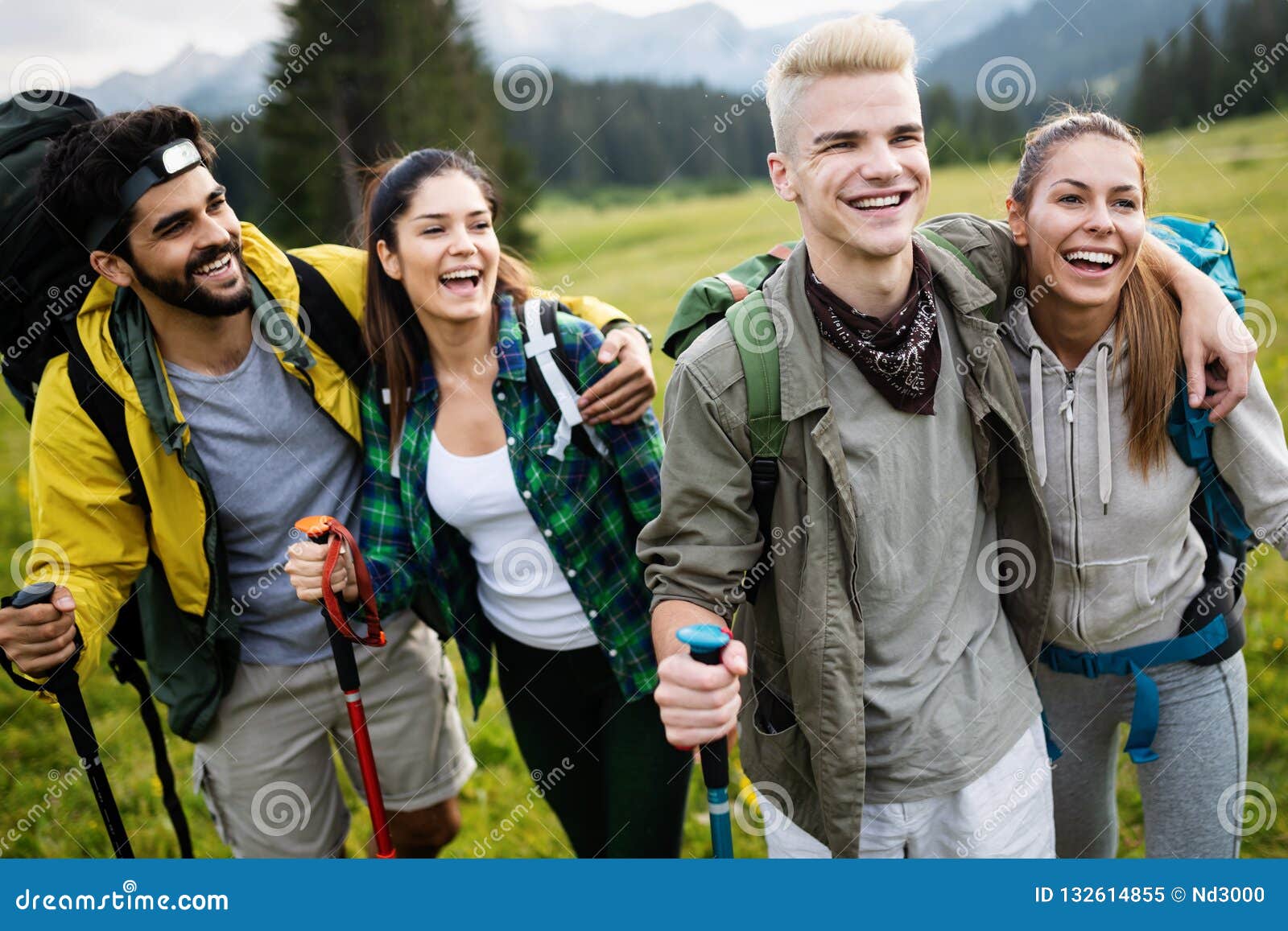 Hiking with Friends is so Fun. Group of Young People with Backpacks ...