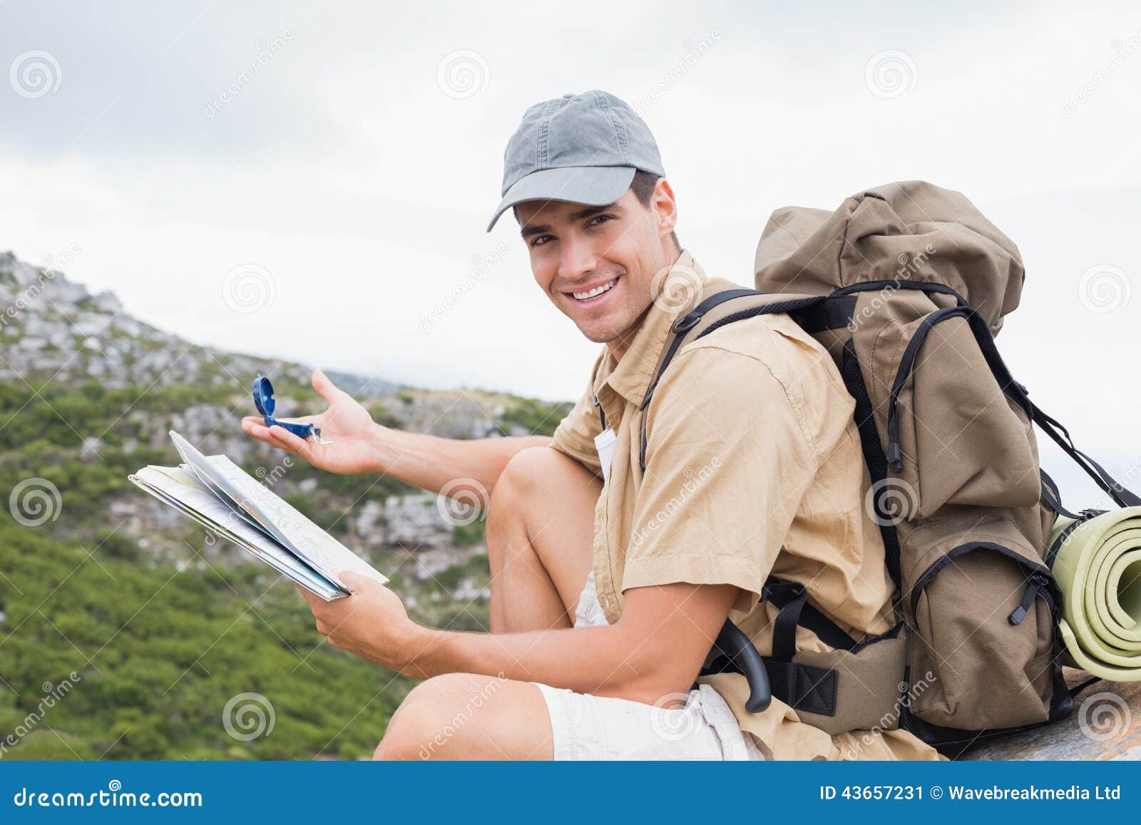 Hiking Man with Map on Mountain Terrain Stock Image - Image of side ...