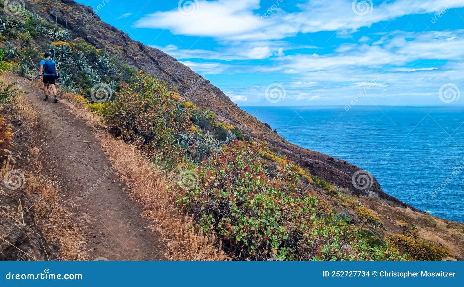 hiking man with scenic view of coastline of anaga mountain range on tenerife, canary islands, spain. view on cabezo el tablero