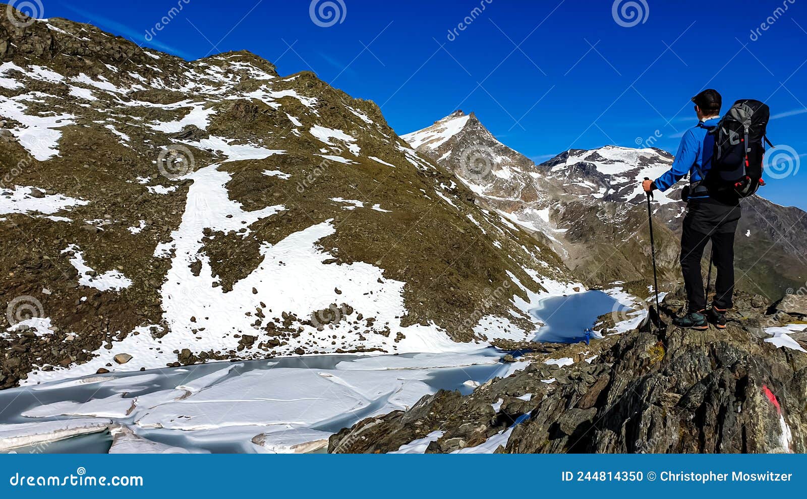 hiking man with scenic view on hoher sonnblick in high tauern mountains in carinthia, salzburg, austria, europe, alps. glacier