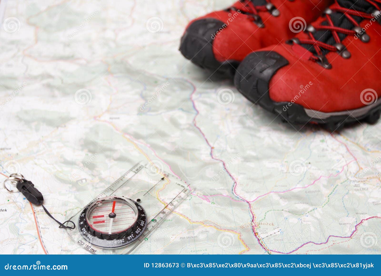 Hiking Shoes and Compass on Map Stock Image Image of equipment, background 12863673