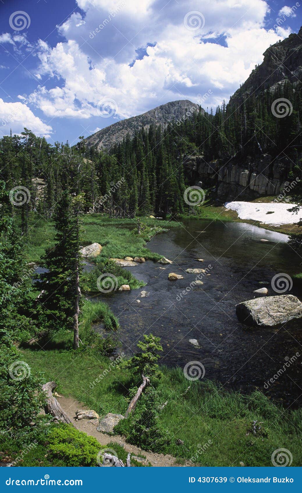 Hiking trail along a stream in Rocky Mountains. Hiking trail along Fern Creek in Colorado Rocky Mountains