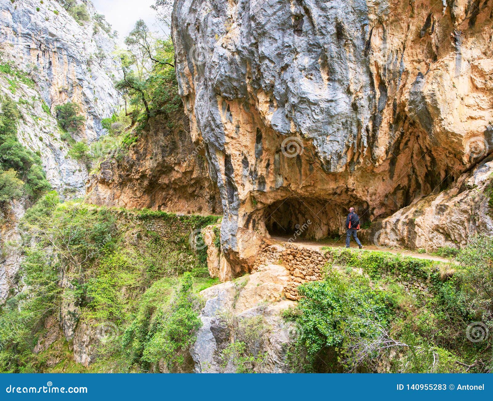 hiking trail cares trail or ruta del cares along river cares in cloudy spring day  near cain, picos de europa national park, p