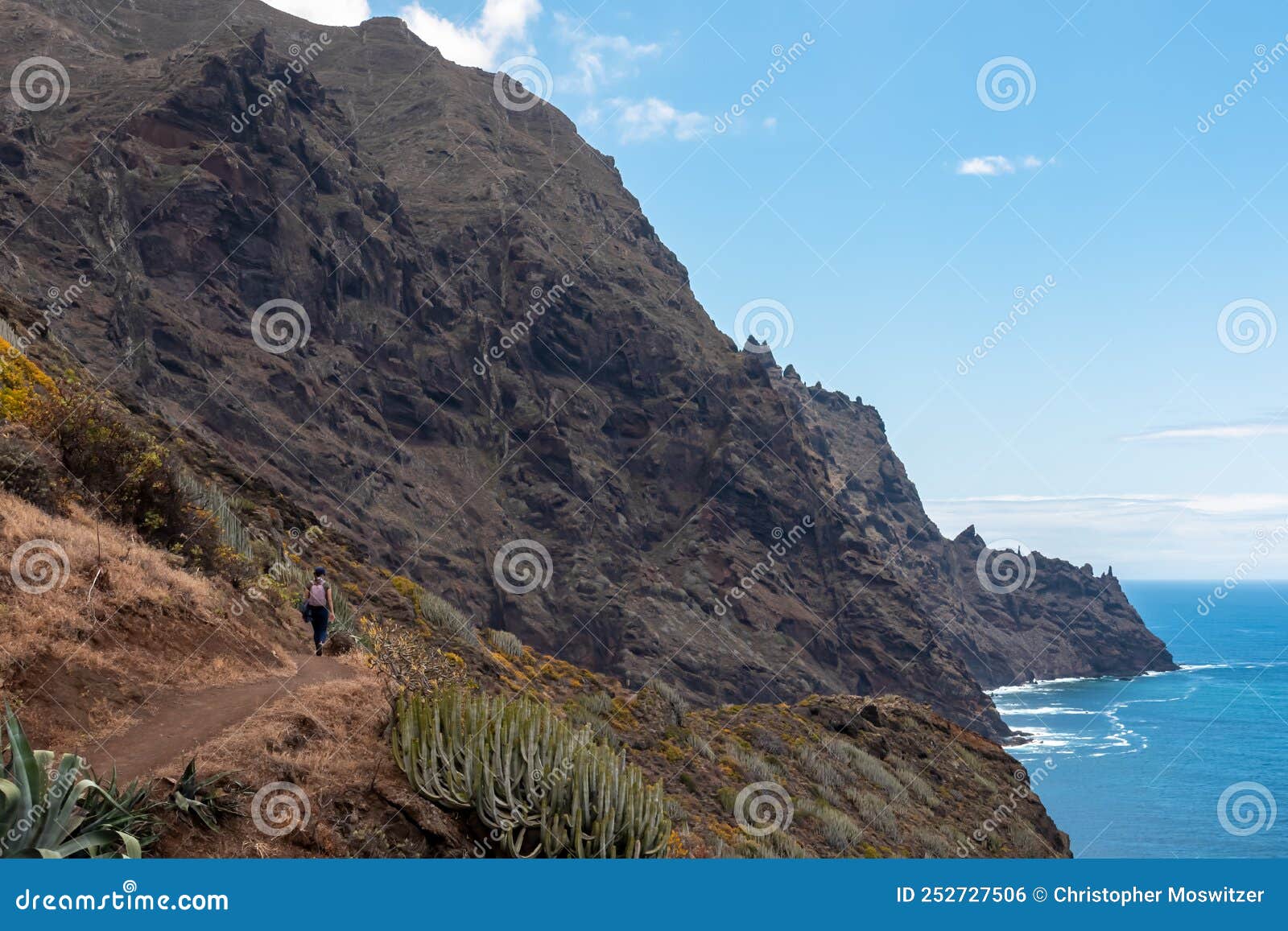 hiking woman with scenic view of coastline of anaga mountain range on tenerife, canary islands, spain. view on cabezo el tablero