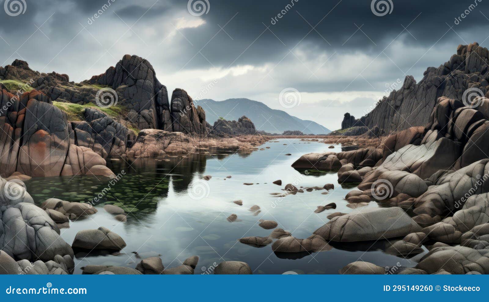 mystical rocky landscape with storm clouds over a serene lake