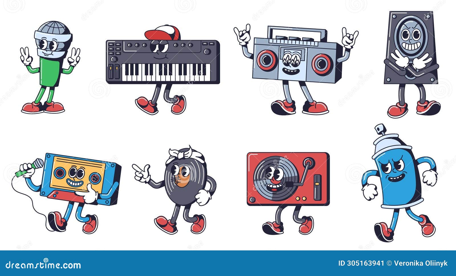 hip hop music mascots. beat-boxing microphone, synth keyboard, cassette rap mix tape and groovy vinyl record player