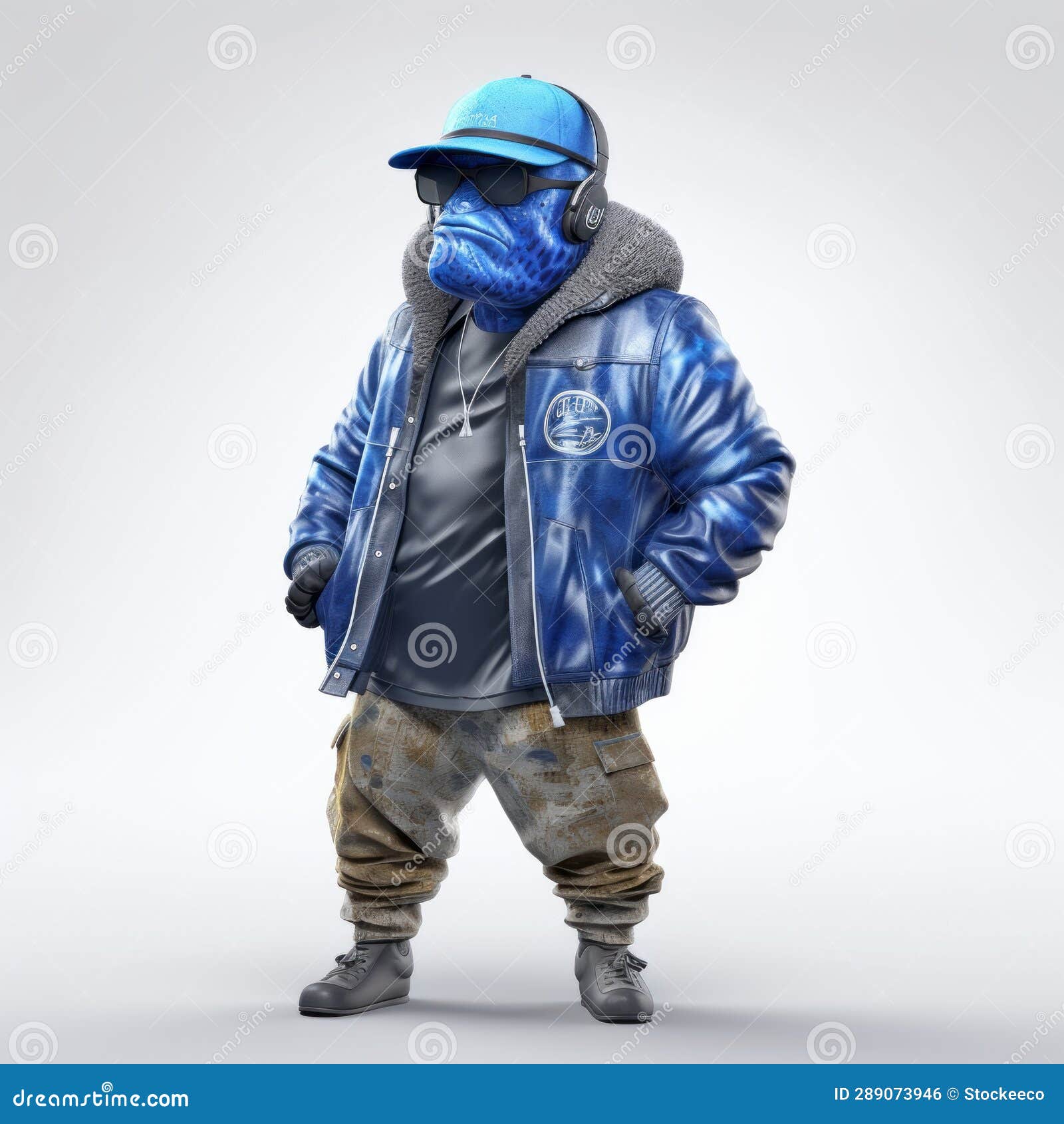 Hip-hop Rapper Character in Blue Jacket and Hat - 3d Render Stock