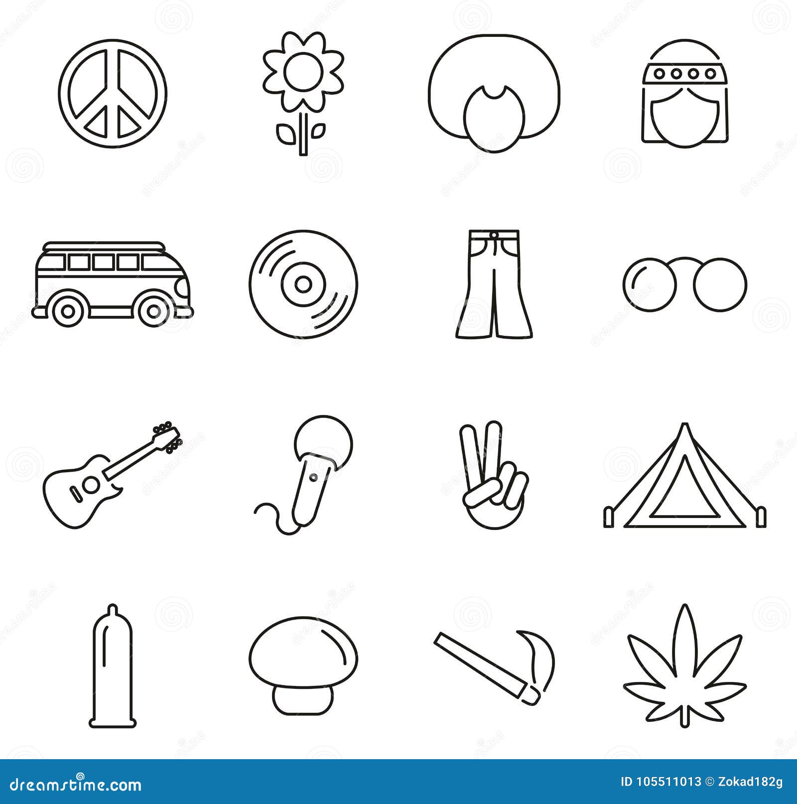 Hippie Culture & Fashion Icons Thin Line Vector Illustration Set Stock ...