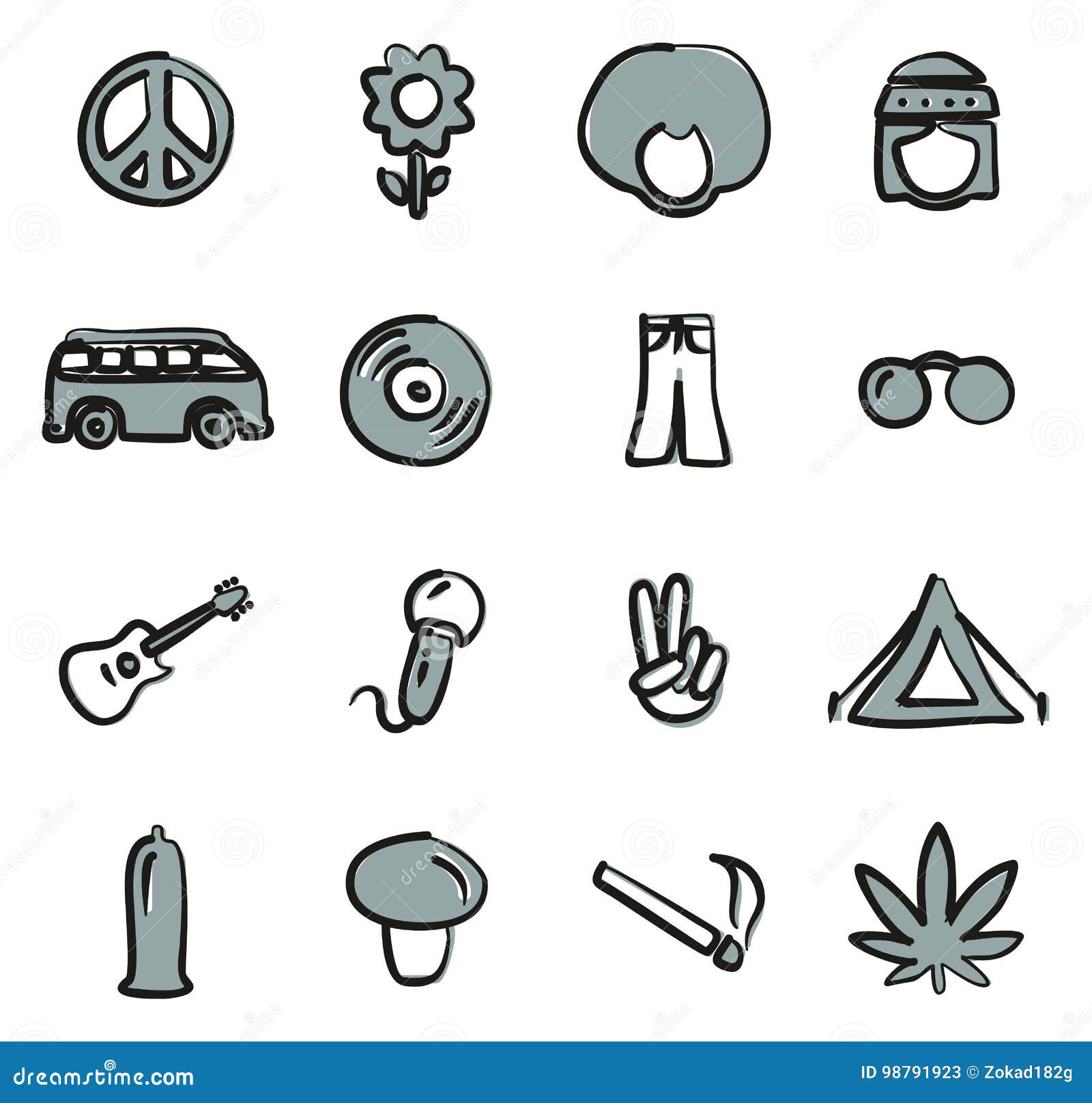 Hippie Icons Freehand 2 Color Stock Vector - Illustration of fingers ...