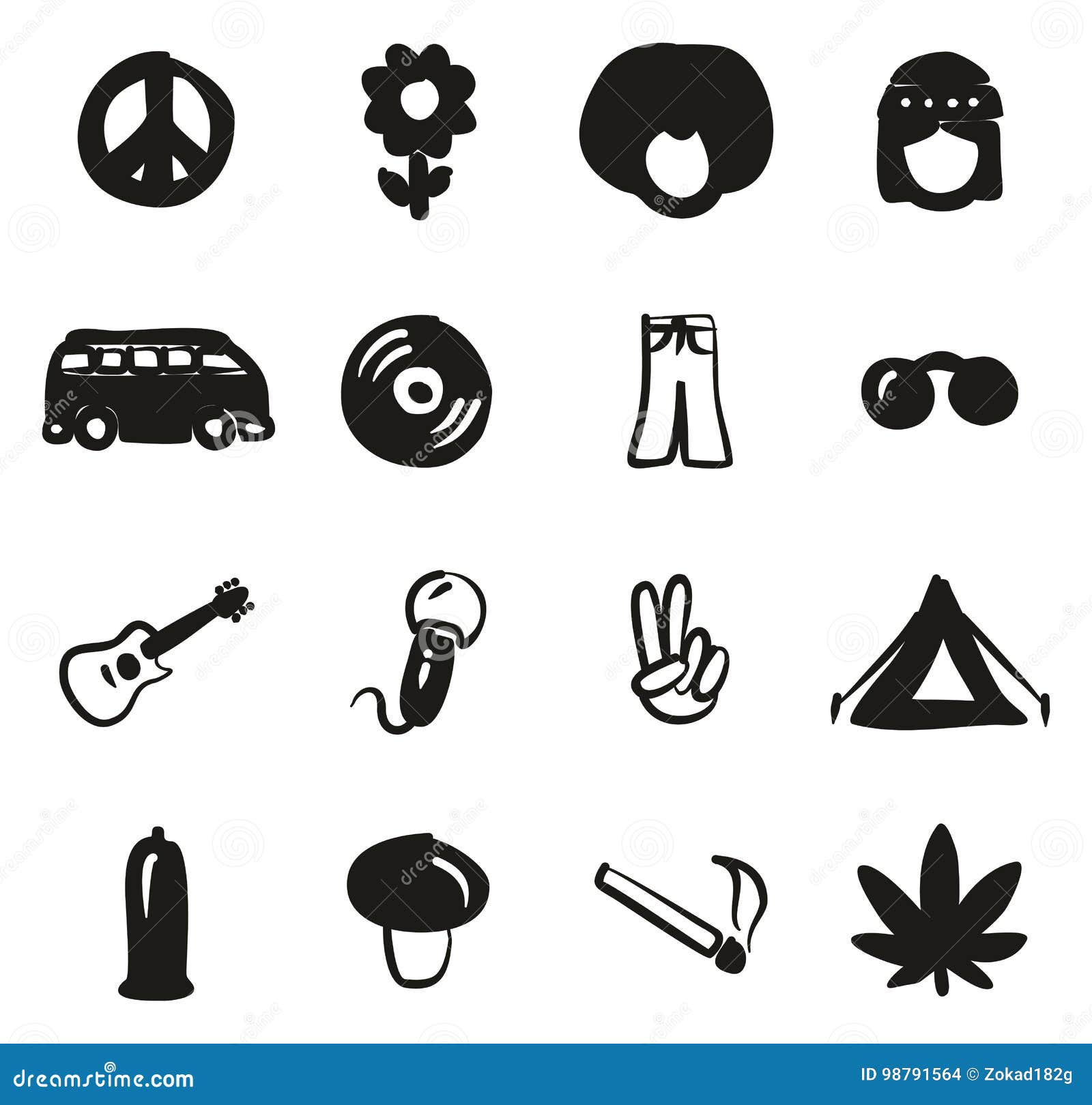 Hippie Icons Freehand Fill stock vector. Illustration of icon - 98791564