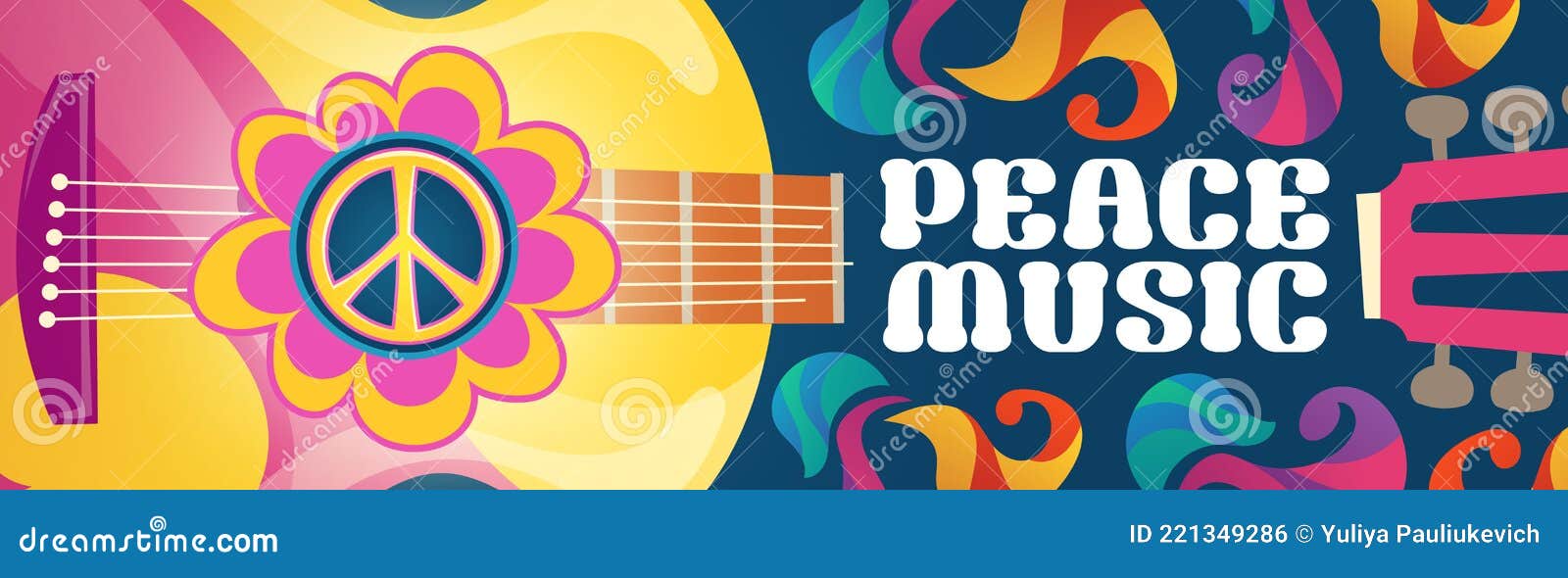 hippie music cartoon banner with acoustic guitar