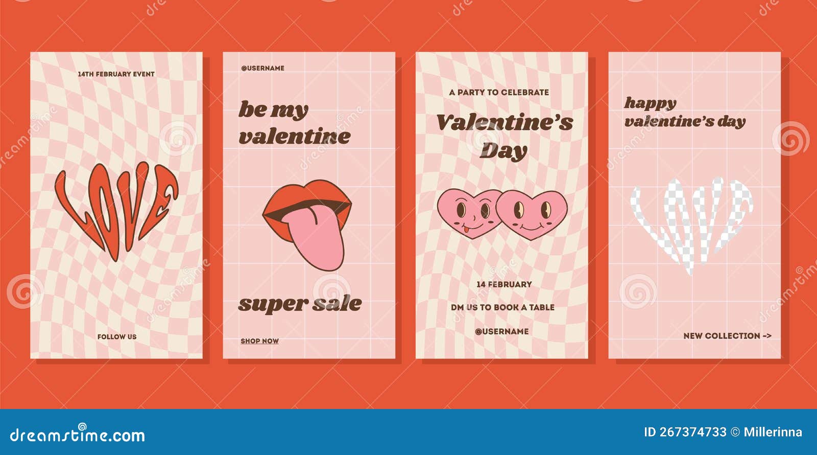 Hippie Retro Vintage Valentine Cards in 60s 70s 80s Style. Happy