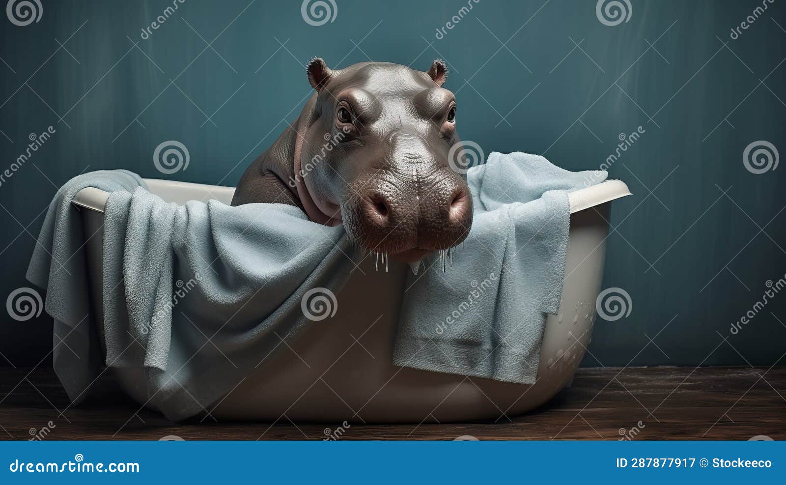 Baby Hippo in Bathtub a Surrealistic Zbrush Portrait Stock