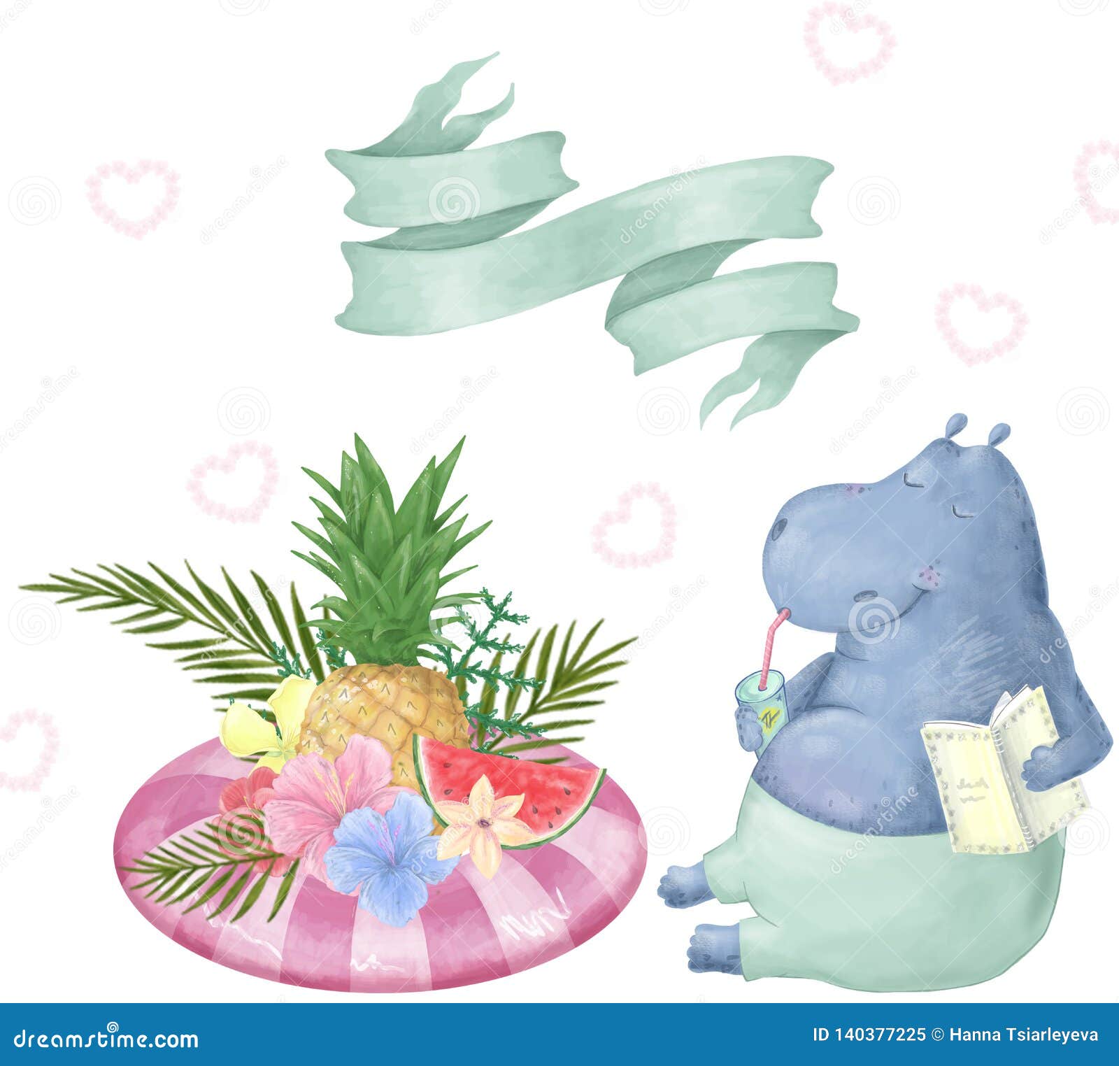 cute hippo watercolor clip art animal summer time tropical text card greeting celebration relax pool water cocktail  f