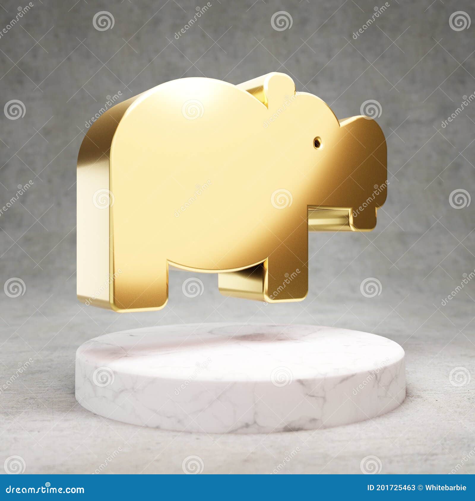 Hippo Icon. Shiny Golden Hippo Symbol on White Marble Podium Stock