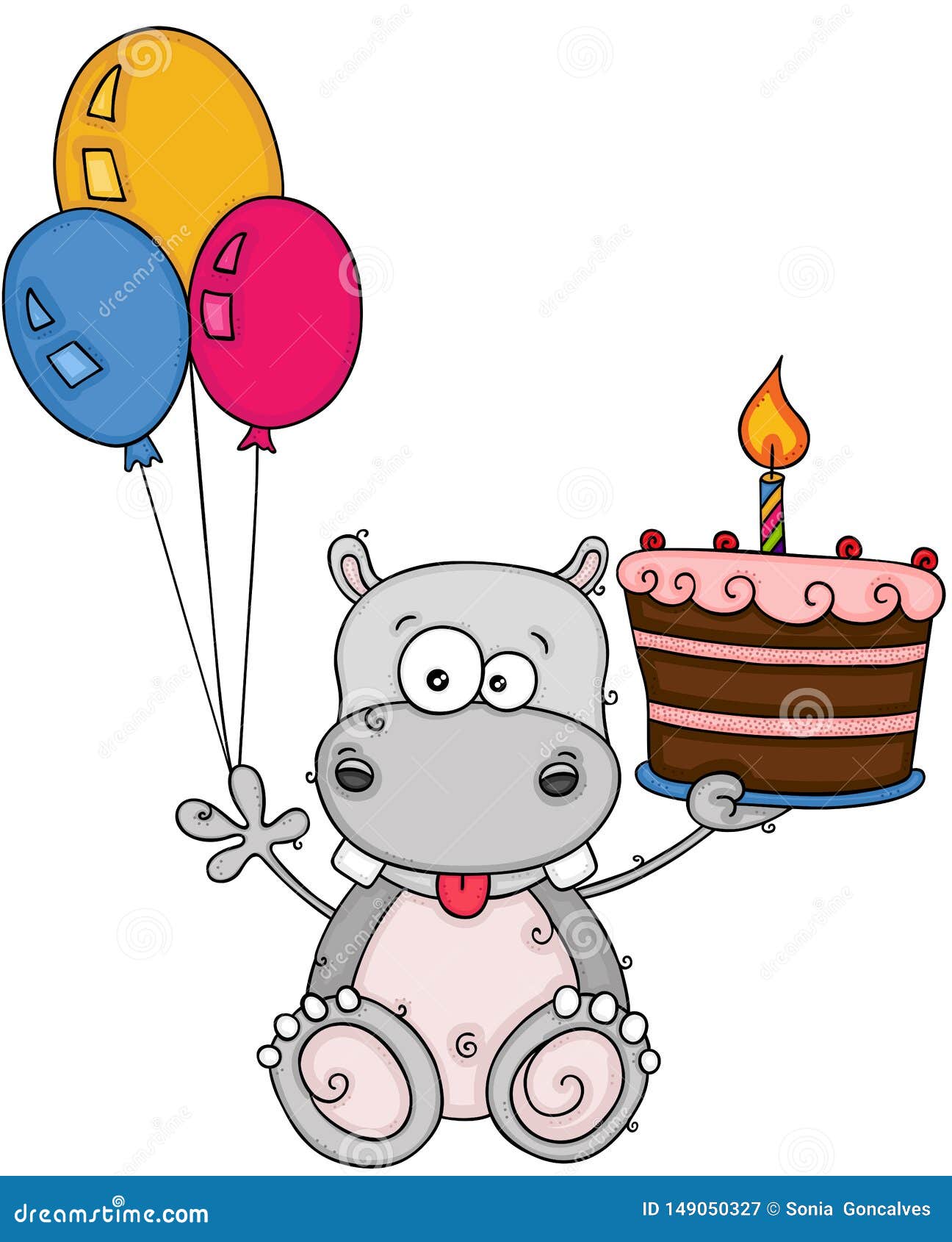 Hippopotame Mignon Tenant Un Gateau D Anniversaire Et Trois Ballons Illustration De Vecteur Illustration Du Agrafe Decoration