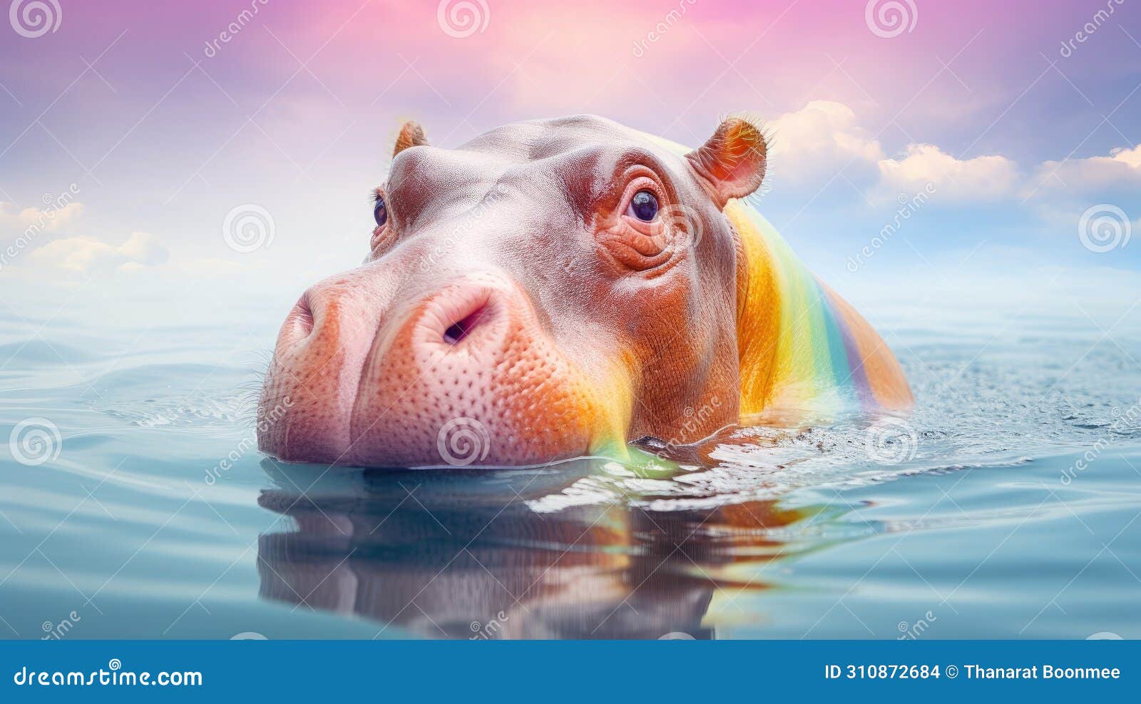 Hippopotamus with Eyes Twice As Big, Adorned in Rainbow Colors on Both ...